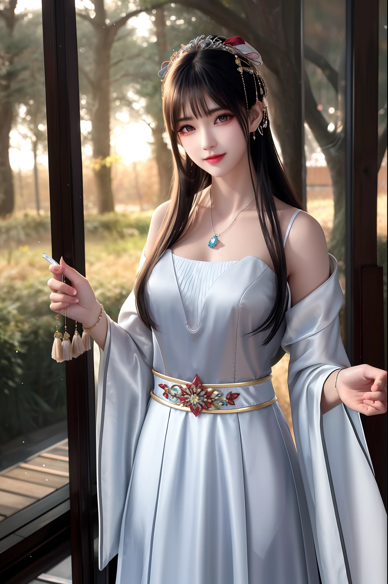 best qualityer，8K， tmasterpiece， A high resolution， 1girll， Clear silk porcelain dress， Fur coat， hair adornments， ssmile， Keep one's mouth shut， cparted lips，Large breasts，Shoulder， shift dresses， hair adornments， choker necklace， jewely， Chinese outfit， long whitr hair， 耳Nipple Ring， Detailed beautiful eyes， detailed eyelashes， beautiful  face，after sexing_Body，Slender and long legs， Tyndall effect，realisticlying， edge lit， twotonelighting，（highdetailskin：1.2）， 8K, Ultra HD， digital SLR camera， gentle illumination， high high quality， Volumetriclighting， Frankness， photore， A high resolution， Bokeh， at a forest， Falling snow， Winters， in the afternoon