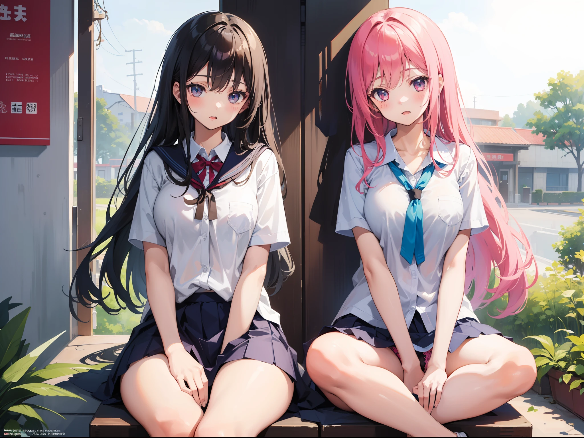 2 girl , sitting indian style, they are looking at each other, open mouth ,school uniform,(show off panties), tareme, background convenience store ,((masterpiece)), ((best quality)), ((ultra-detailed)), (illustration), ((an extremely delicate and beautiful))