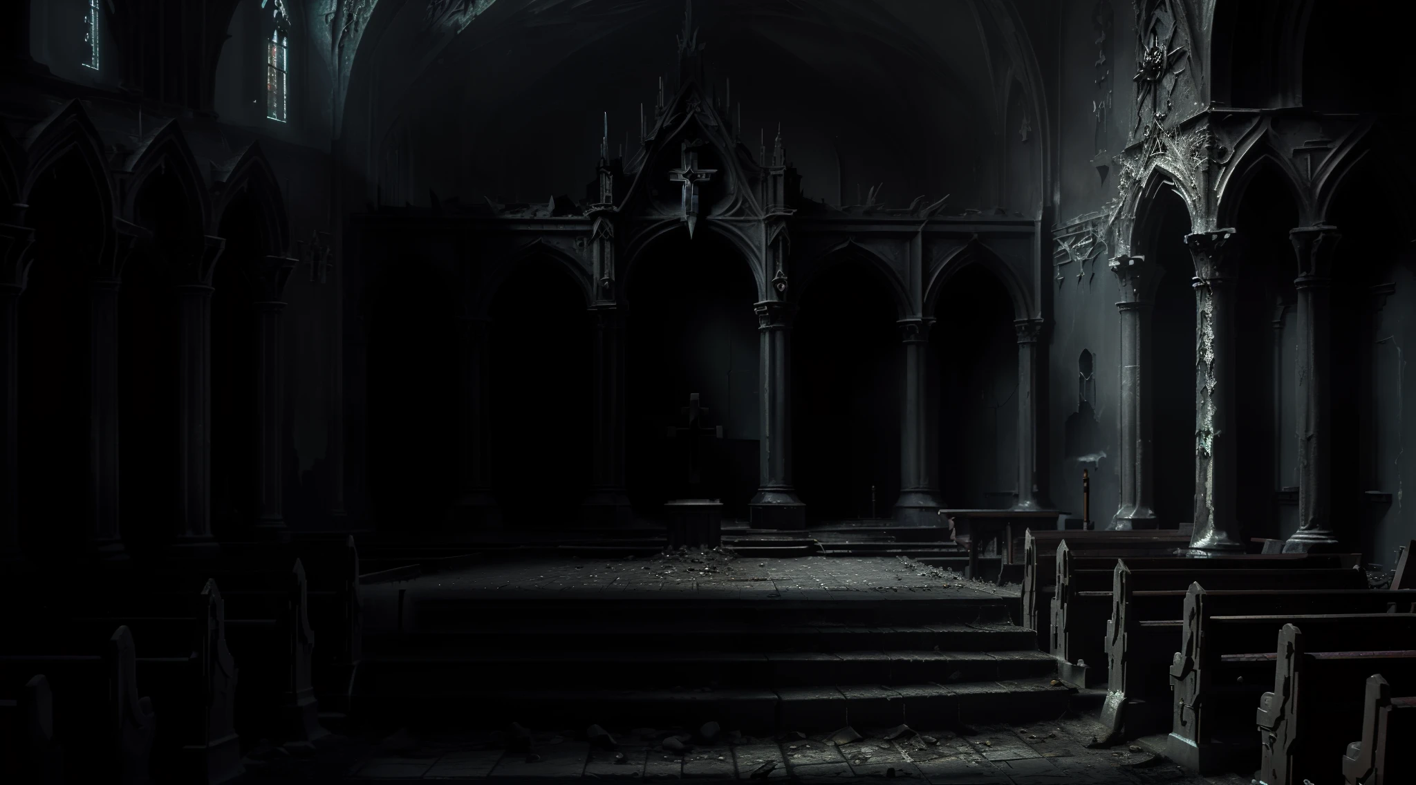 Empty dark church, horror cinematic, ultra detailed, photorealistic, masterpiece.