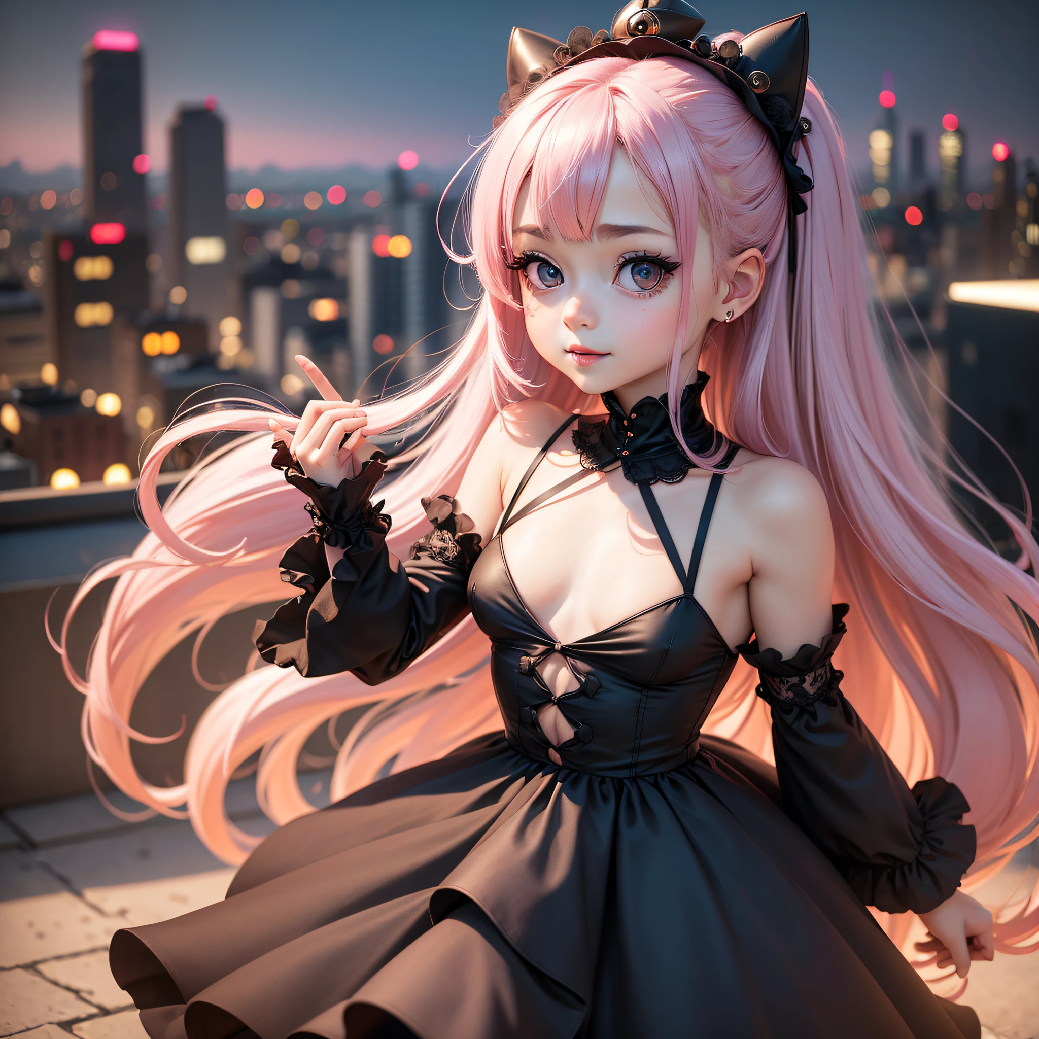 a baby face, Cute One Girl, (Very small breasts:1.3), Longhaire, Gradient Hair Pearl Pink, the whole, japanes, Twin-tailed, An ultra-high picture quality, ultra-quality,Raking hair with your fingers, Happy smile, Beautiful city view, (Goth dress:1.3), Live-action adaptation, in 8K, Double eyelids, Big eyes