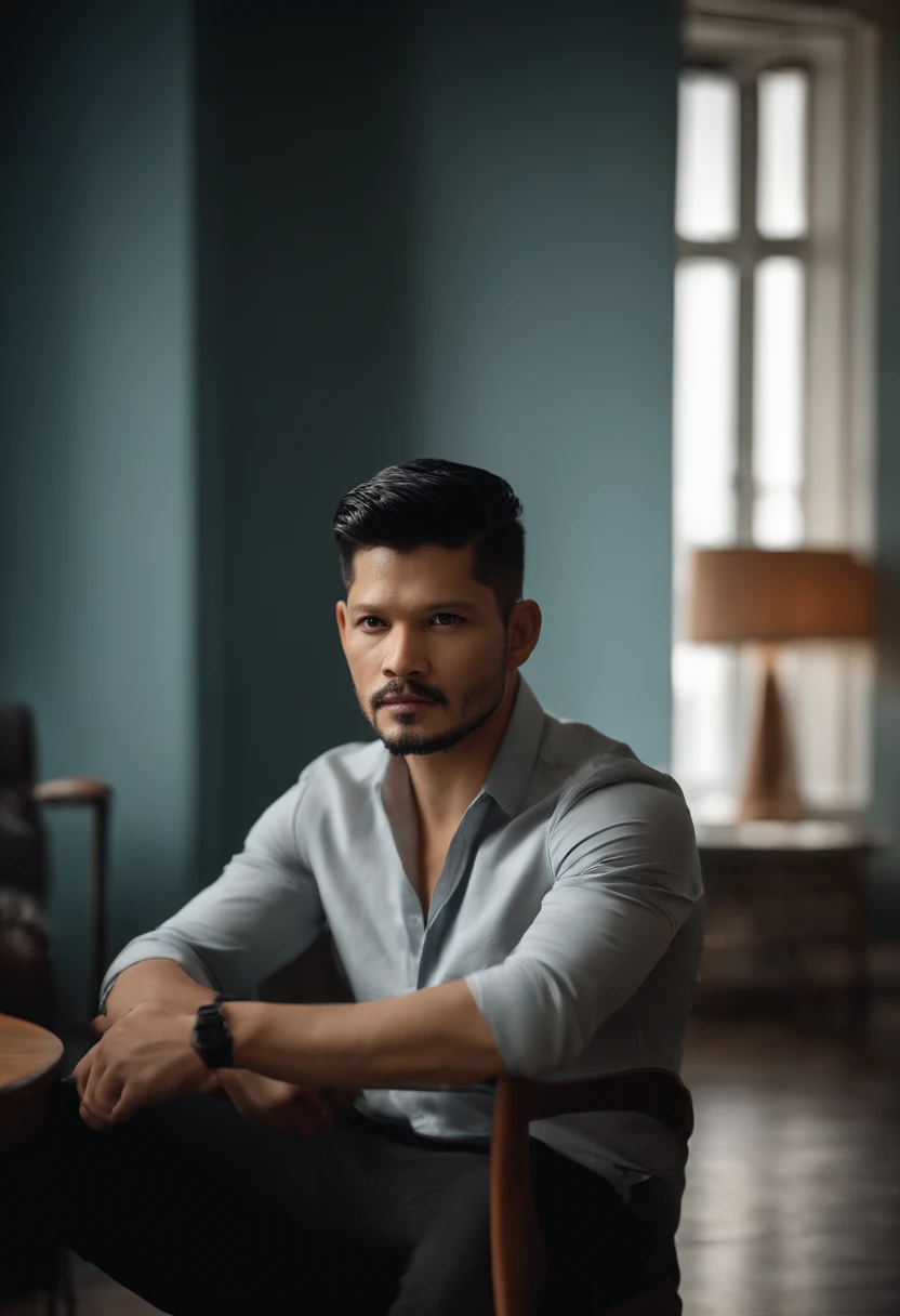 (Man with stylish outfit), ), (wearing long short beard,) (black eyes) (Portrait) Attractive and serious look,black hair, Stylish and elegant, and strong body t-shirt, man similar to actor iko uwais, (High quality and realistic image), in the background Scandinavian apartment with designer furniture and with blue wall color in the background, ((best quality, 8K, masterpiece).