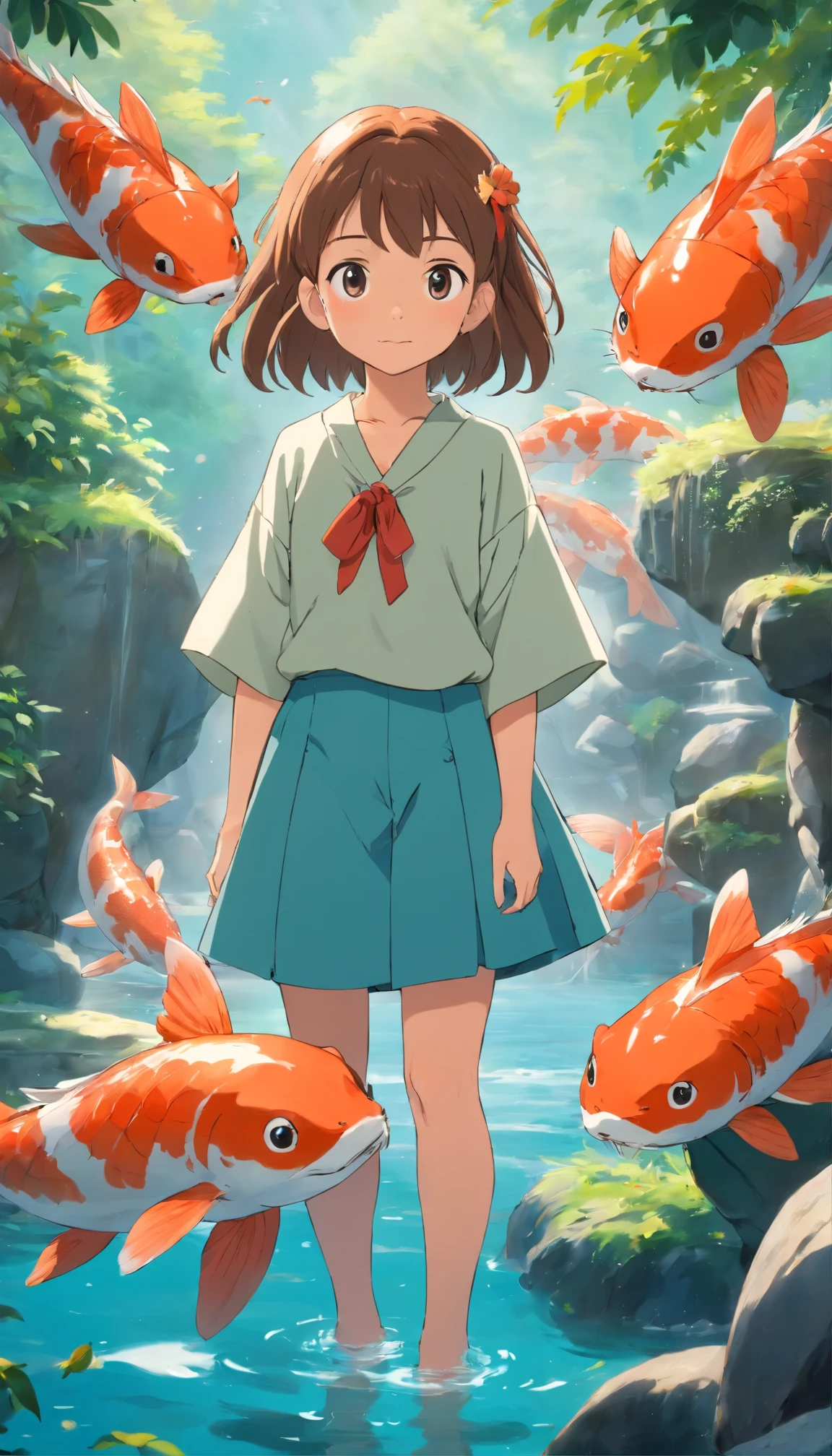 Image quality of the film，Hayao Miyazaki animation，Miyazaki animation style，Miyazaki film animation，Films en 3D，China-style， girl with short braids standing in front of a huge koi，Houle Mer，profondeur de champs，High light，Real light，Ray tracing，OC rendu，hyper-realistic，beste-Qualit，8k，Works by masters，super-fin，Detailed pubic hair，anatomie correcte，mise au point nette sur les yeux，Bokeh，Facial features are carefully represented