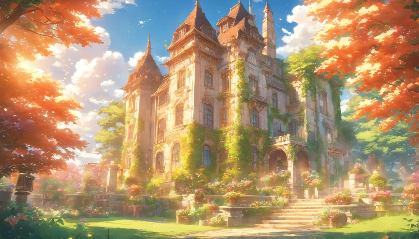 (photo-realism), (Best quality, Masterpiece, Full of details), A mansion with two towers, Many trees, Colorful garden, flower pots, Old mansion, White stone path, Green grass, Blue sky, Sunshine, Brown brick mansion, Ultra HD