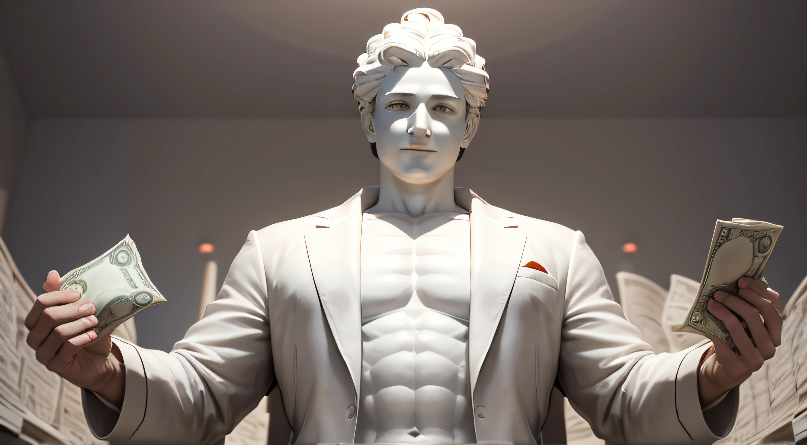 Greek statue full body wearing white coat like a doctor and counting money with ultra-realistic happy face