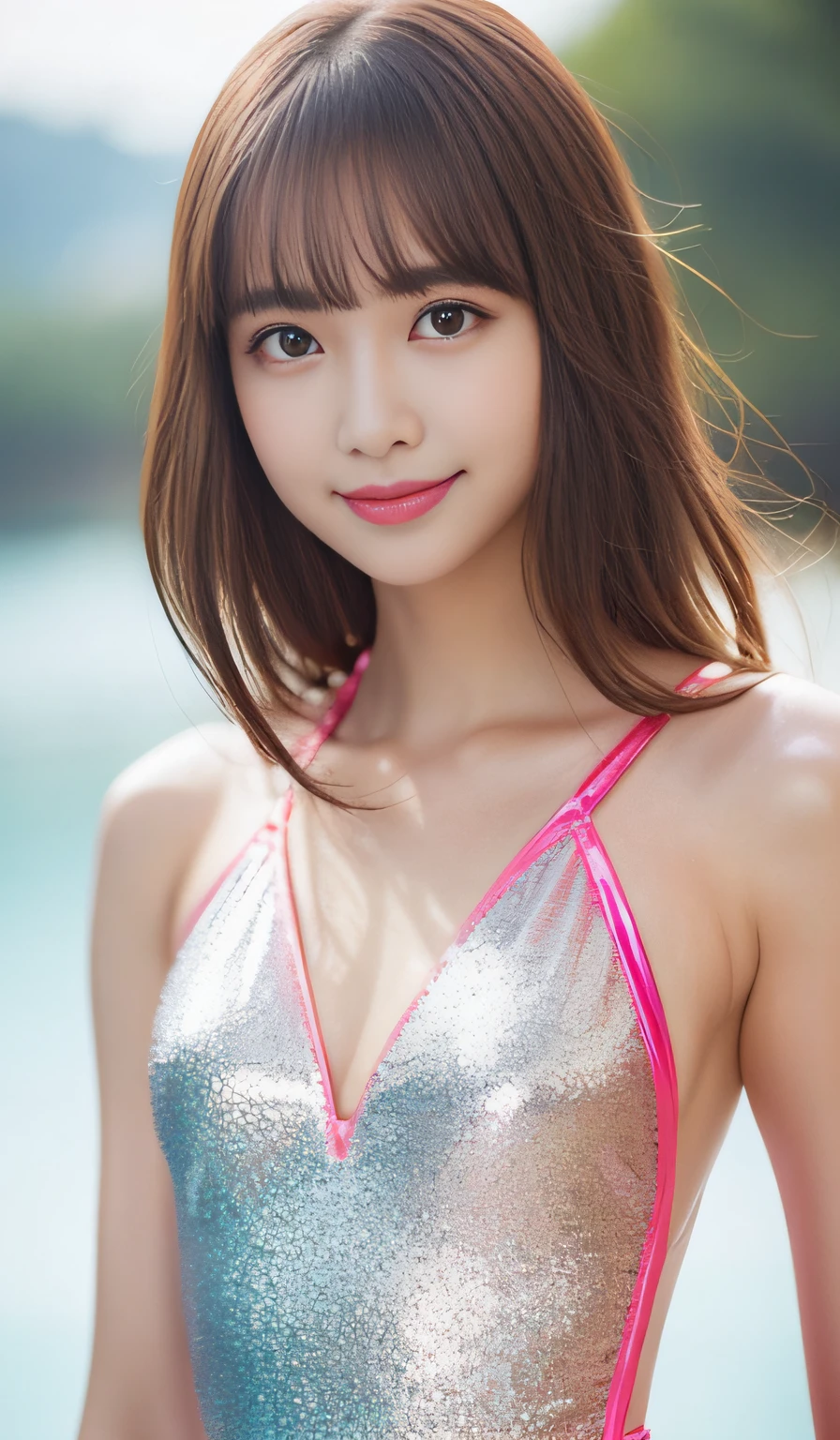 Angelic Very beautiful cute girl, Beautiful detailed eyes, Detailed double eyelids, (Large eyes:1.4), Long straight brown hair, see-through bangs, beautiful detailed face and eyes, Laughing,BREAK (Super Shiny Metallic Fluorescent Coral Pink Swimsuit :1.3),(Swimwear with strong reflective surfaces:1.6),high leg swimsuit,strong lighting on swimsuit,(Beautiful face and eyes:1.3),swimsuit in only one color: Coral Pink),Brown hair,Walking,Beautiful inner thighs