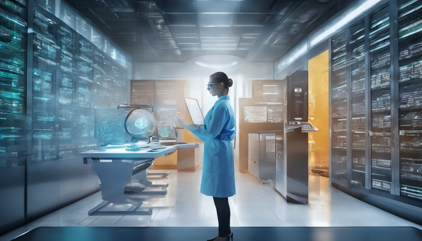 A girl in a laboratory, scientific research, advanced technology, intense concentration, detailed equipment, precise measurements, precise calculations, cutting-edge experiments, futuristic atmosphere, 3D renderings, high-res data visualizations, intricate data patterns, meticulous data analysis, innovative discoveries, microscope imaging, complex algorithms, information extraction, big data analysis, powerful computing, advanced data models, secure data storage, cutting-edge data analytics, real-time data processing, intricate data networks, detailed data record keeping, data privacy and security, data-driven decision making, state-of-the-art laboratory equipment, cutting-edge research methodologies, advanced data mining techniques, sophisticated data visualization tools, efficient data handling, comprehensive data organization, accurate data interpretation, collaborative research environment, multidisciplinary investigations, innovative data representation.

(best quality, 4k, high-res, masterpiece:1.2), ultra-detailed, (realistic, photorealistic, photo-realistic:1.37), scientific, modern, vibrant colors, progressive lighting, futuristic aesthetics.
