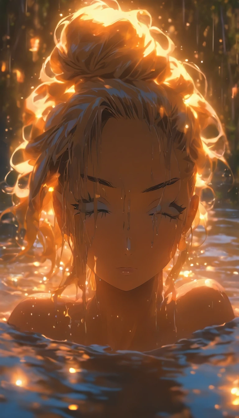 Beautiful woman bathing in the lake,Out of the bath,(Expose your waist:1.4),((Cover your chest and with your hands)),Eau,drippy,Ripples,Long wet black hair, extremely sexy body, Delicate and plump breasts, Back shadow,Beautiful outdoor background, night moon, forest,The hair is meticulously depicted,The eyes are meticulously depicted, highly detailed surreal vfx,oc rendered,Behind the scenes