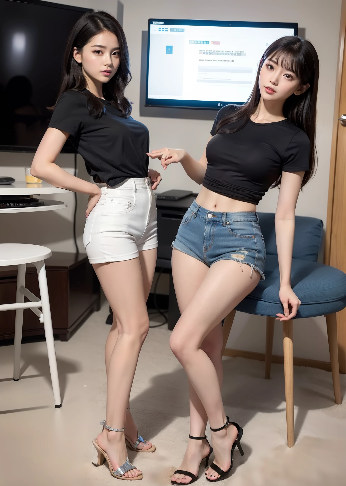 2 beautiful young women，One wears denim shorts to the base of the thighs，A pair of small sandals on the feet，The top is a white short-sleeved T-shirt，The other wears a white miniskirt，The top is a blue short-sleeved crewneck T-shirt，A pair of high-heeled sandals of about 10 cm under your feet，perfect bodies，Anterior convex and posterior，Dance and play in the KTV private room，Intimate relationships，detailed outfits，Detailed facial expressions，fully body photo