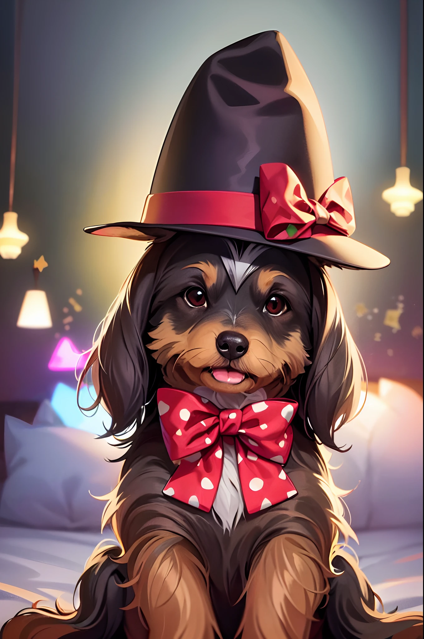 (a cute, adorable) ((dog)) yorkshire terrier, (medium:illustration,2D rendering), (best quality:1.2,ultra-detailed), sitting upright, wearing a (stripy, colorful) cone christmas hat and (spotty, polka dot) bow tie. The yorkshire terrier has a (happy, cheerful) expression, (big, expressive) eyes, and a (small, wet) black nose. The hat and bow tie are (vibrant, brightly colored) to add a touch of playfulness. The background can be a (festive, Christmas-themed) scene with (decorated, sparkling) Christmas trees, flickering lights, and a hint of falling snow. The overall artwork should have a (whimsical, joyful) and (cartoon-like, animated) style, with (vivid, bold) colors and (soft, warm) lighting to create a cozy atmosphere., ((no humans))