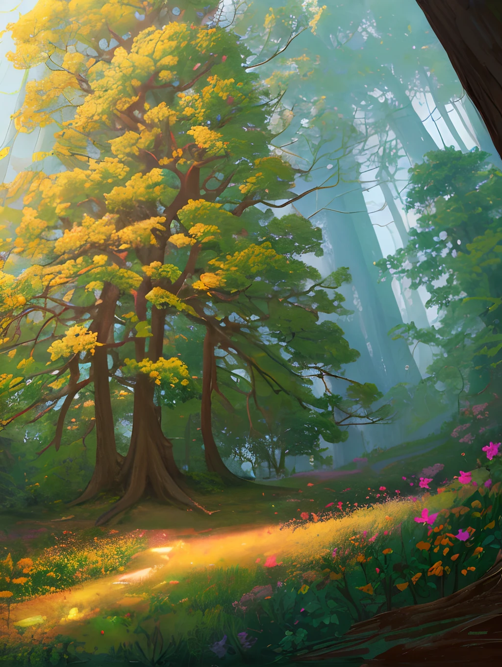 masterpiece, best quality, high quality, extremely detailed CG unity 8k wallpaper, An enchanting and dreamy scene of a fantasy forest, artstation, digital illustration, intricate, trending, pastel colors, oil painting, award winning photography, Bokeh, Depth of Field, HDR