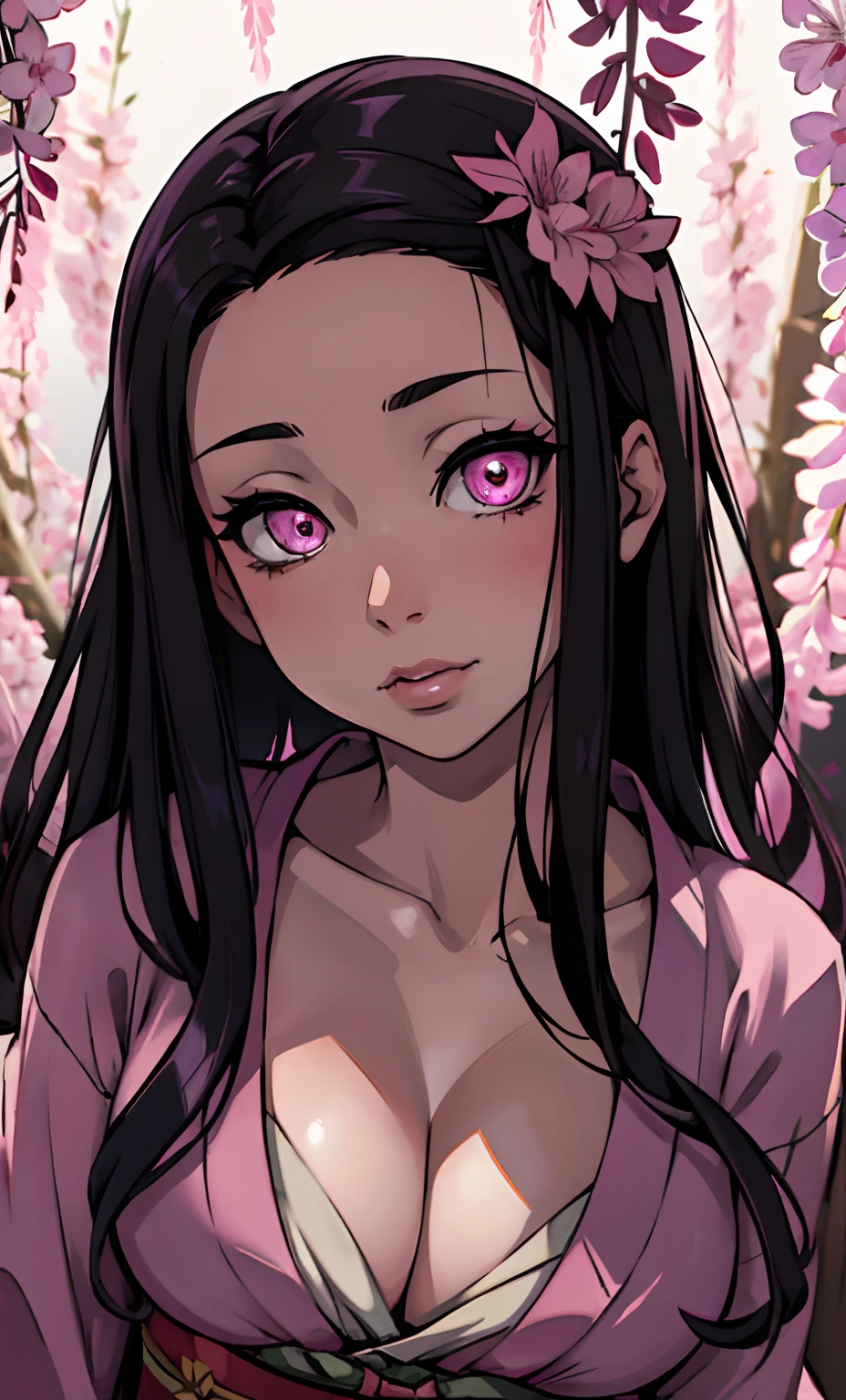 masterpiece, (pink kimono), seductive face, good lighting, cleavage, fine detail, masterpiece, glowing eyes, 1girl, black hair, sucking, nezuko kamado, wisteria background, masterpiece, best quality, pov,,