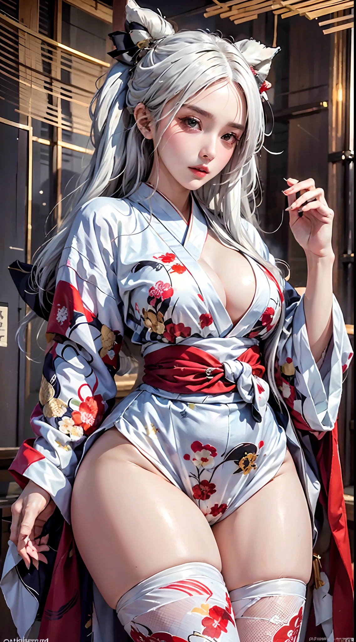 Best quality, masterpiece, high resolution, (perfect body shape), 1girl, detailed face, white hair, thick waist, thick thighs, wearing kimono_clothes