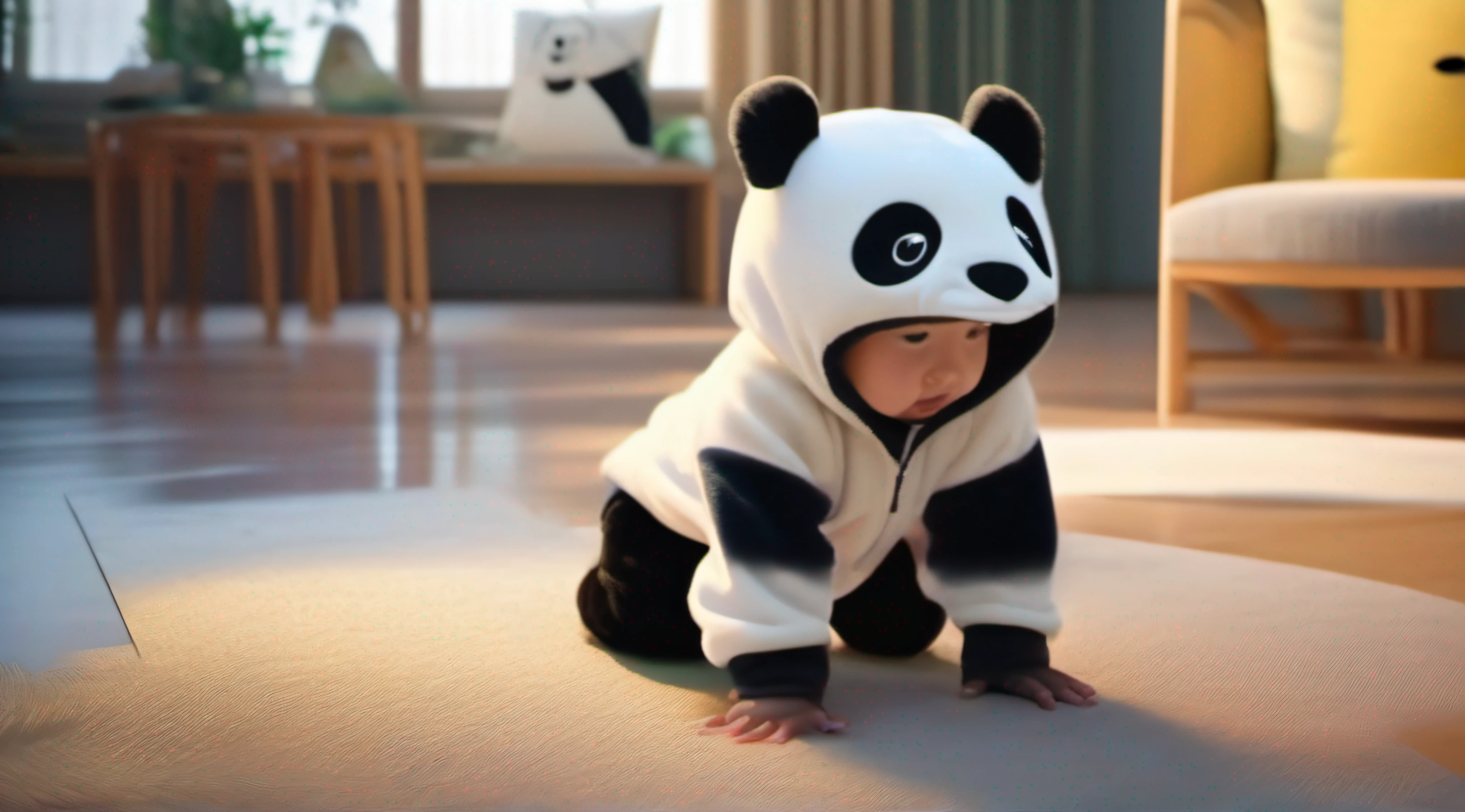 The boy wears a panda hood,Crawl and walk on the ground,Fundo sala de estar,Toys for children nearby,Disney style,wide wide shot,8K