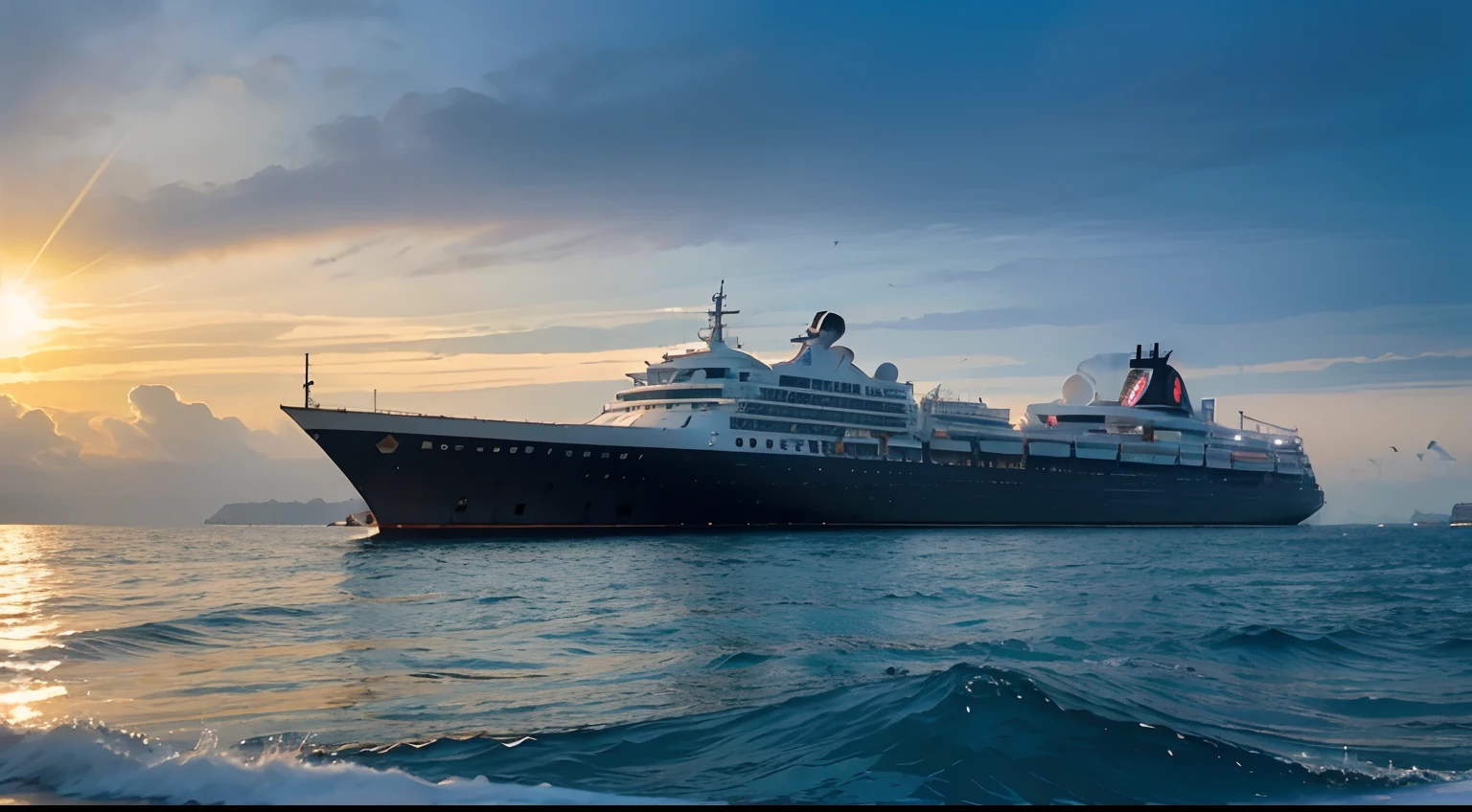 (Best quality,4K,8K,A high resolution,Masterpiece:1.2),Look up at the perspective K,Ultra-detailed,(Realistic,Photorealistic,photo-realistic:1.37),Passenger ships sail at sea，urban view in the distance,seaview,Floating structure,crystal clear water,billowing clouds,Vivid colors,Commercial transportation,Modern architecture,Impressive scale,Reflective lights,Detailed water ripples,Luxurious exterior,tranquil ambiance,Professional drawing style,Seagulls flew by,exquisite detailing,Blue and white color palette,Sturdy container,Busy port,Human activities,The far-reaching horizon,Sparkling waves,shining sun,Bustling seafront,sparkling reflections,Lifelike depiction,Bright cabin,towering skyscrapers,Bustling city life,serene environment,urban skyline,Calm sea breeze,High mast,An unforgettable journey,Huge ship,Adventures at sea,charming scene of a