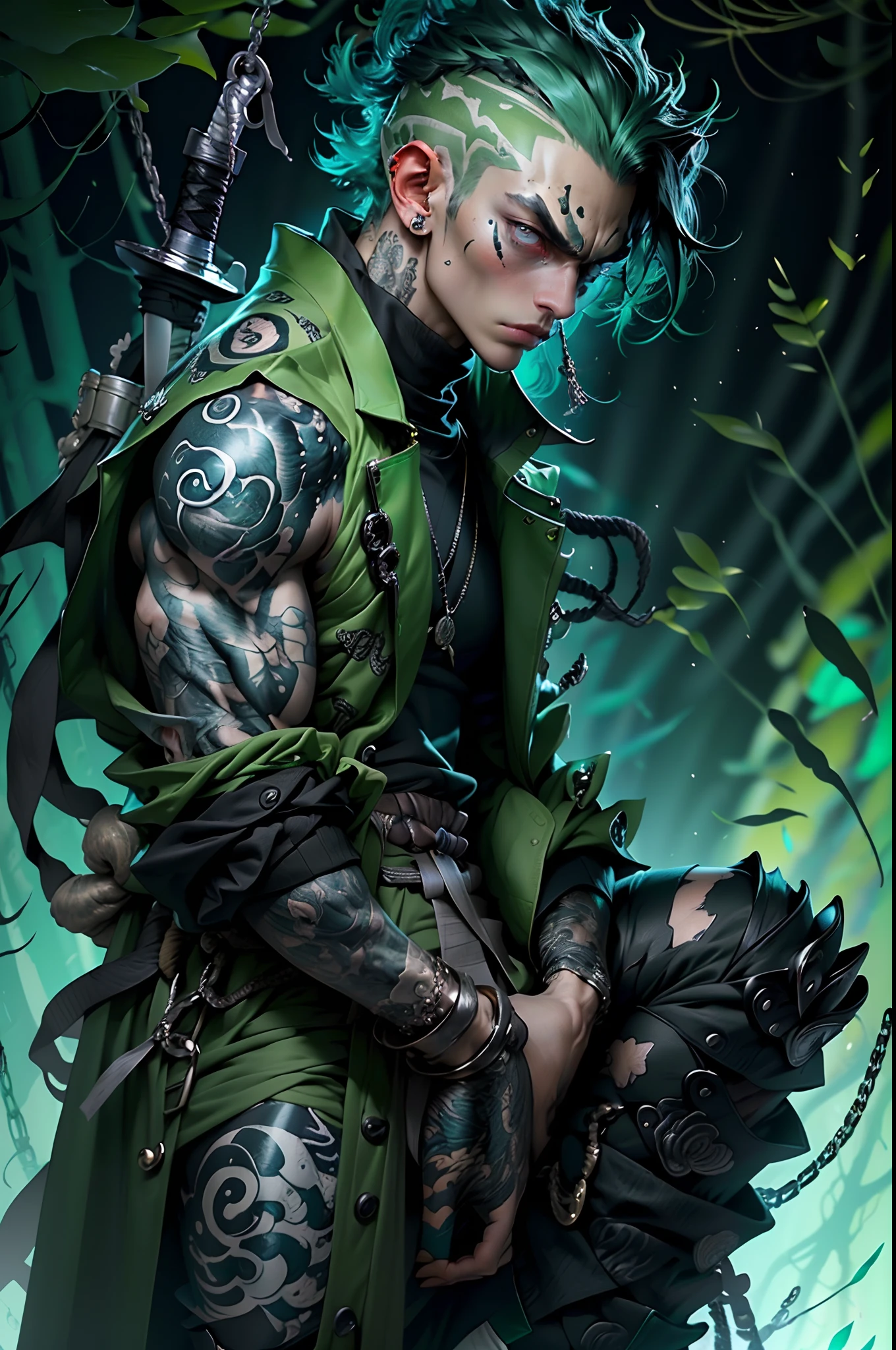 kpop boy wearing sage green futuristic jacket, handsome, charming, zoro vibe with katana, slim body, big sword katana black turtle neck attire, big jacket, serious face, chains, tattoos, cool sit pose, big eyes, glowing forest background