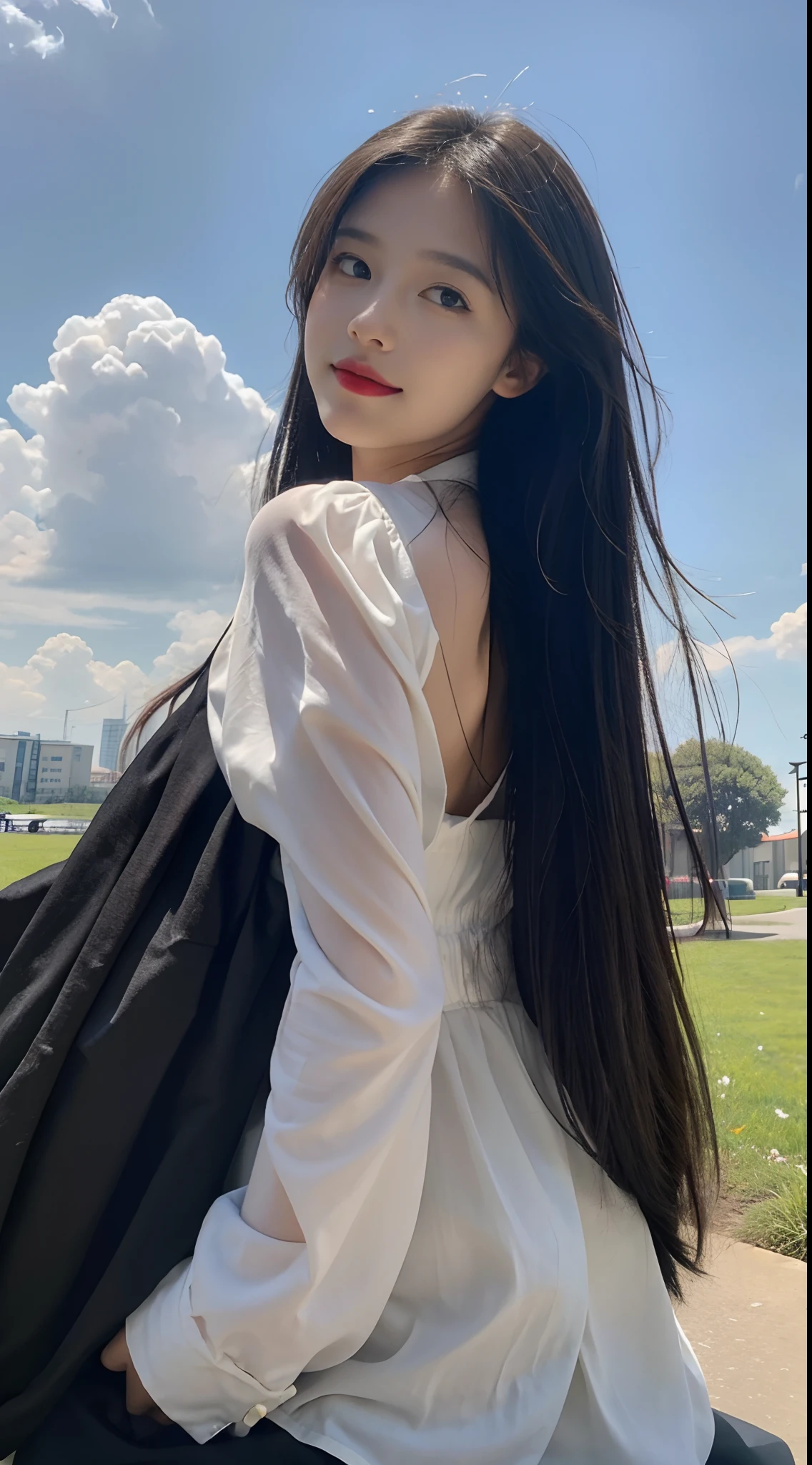 ((Best Quality, 8K, Masterpiece:1.3)), A beautiful girl, pure, melon face, gentle and cute, sweet smile, pure desire, thin figure, (frontal), (tilted head), looking directly at the camera, uniform, obi, formal, black silky long straight hair, long hair flowing over the shoulders, round black big eyes, clear big eyes, moist red lips, sweet, sitting on the side of the road, blue sky and white clouds, grass, buildings,
