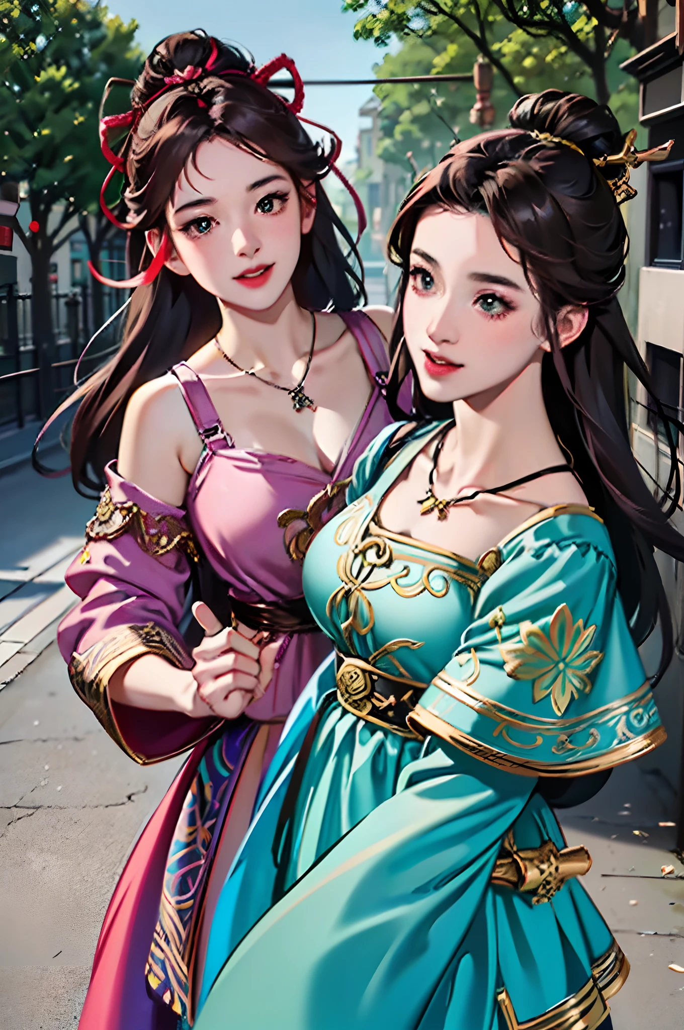 Best Quality, Masterpiece, Extremely Detailed, High Resolution, 4K, Ultra High Resolution, Detailed Shadows, Perfect Light and Shadow,duo, Two Girls in Stylish Clothes Taking Selfies on the Street, Colorful Braids, Anime Role Play, Anime Style Mixed Fujifilm, Cute, Big Laugh, Big, Sexy,(alebrijes art style),pureerosface_v1,ulzzang-6500-v1.1,fantastical clothing,princess eyes round pupils,fantastical necklaces,fantastical ribbons,fantastical rings,fantastical jewelry,fantastical hair ornament,fantastical belt,studio light,