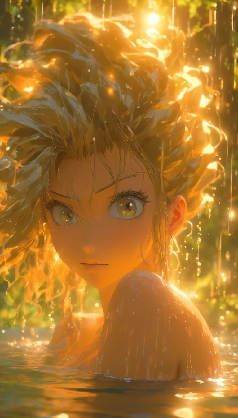 Beautiful woman bathing in the lake,Out of the bath,Eau,drippy,rainwater,long wet hair, extremely sexy body, Detailed plumping breasts, Beautiful outdoor background, night moon, forest,The hair is meticulously depicted,The eyes are meticulously depicted, highly detailed surreal vfx,oc rendered,dynamic viewing angle