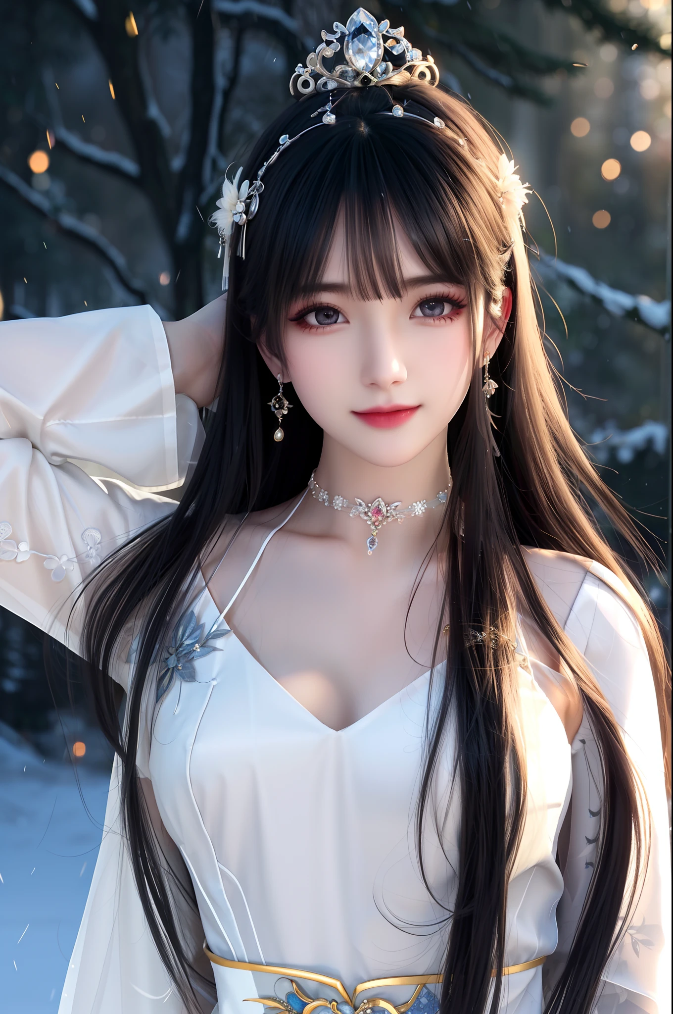 best qualityer,8K, tmasterpiece, A high resolution, 1girll, Clear silk porcelain dress, Fur coat, hair adornments, ssmile, Keep one's mouth shut, cparted lips,Large breasts,Shoulder, shift dresses, hair adornments, choker necklace, jewely, Chinese outfit, long whitr hair, 耳Nipple Ring, Detailed beautiful eyes, detailed eyelashes, beautiful face,after sexing_Body, Tyndall effect,realisticlying, edge lit, twotonelighting,(highdetailskin:1.2), 8K, Ultra HD, digital SLR camera, gentle illumination, high high quality, Volumetriclighting, Frankness, photore, A high resolution, Bokeh, at a forest, Falling snow, Winters, in the afternoon