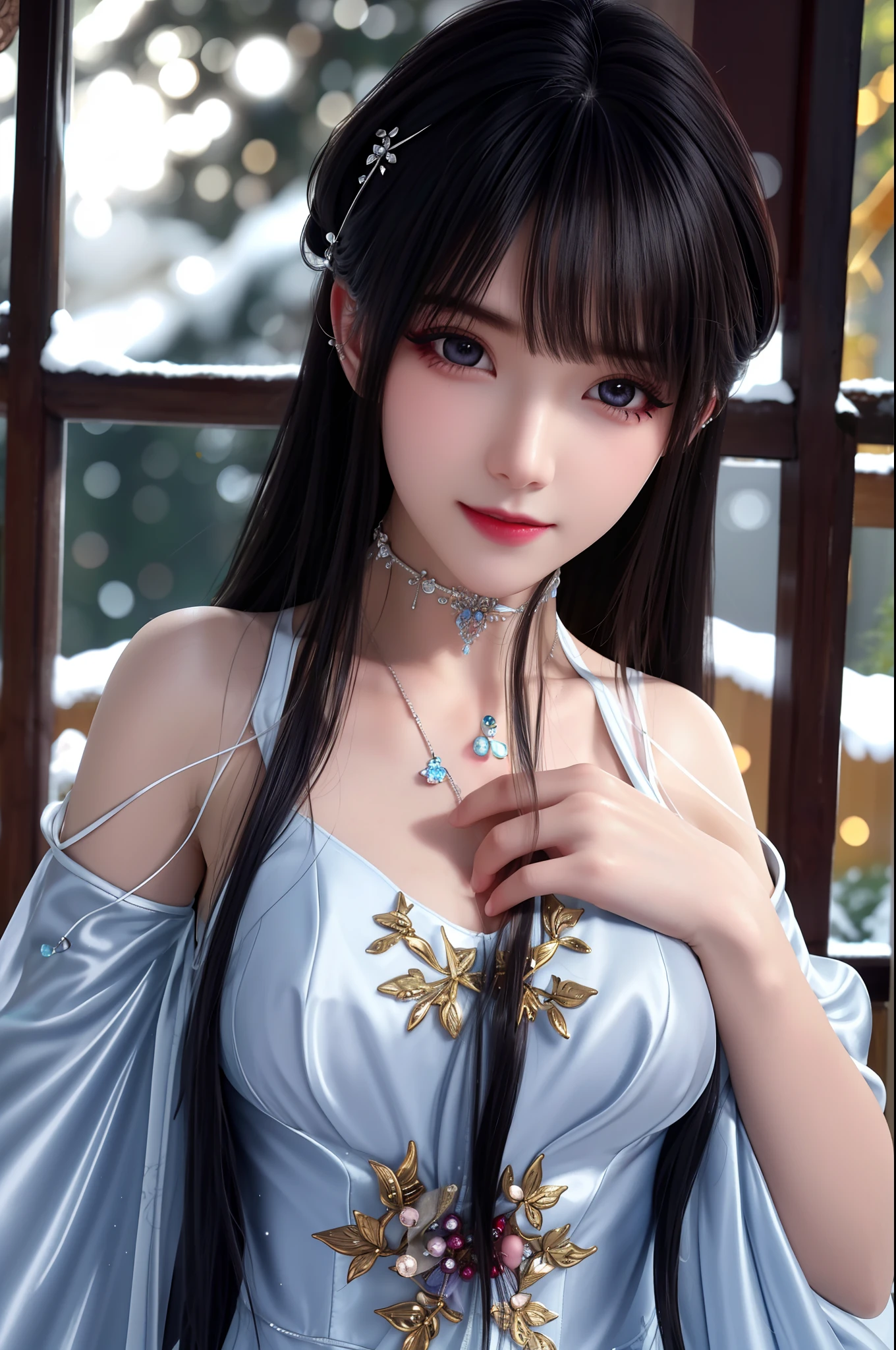 best qualityer,8K, tmasterpiece, A high resolution, 1girll, Clear silk porcelain dress, Fur coat, hair adornments, ssmile, Keep one's mouth shut, cparted lips,Large breasts,Shoulder, shift dresses, hair adornments, choker necklace, jewely, Chinese outfit, long whitr hair, 耳Nipple Ring, Detailed beautiful eyes, detailed eyelashes, beautiful face,after sexing_Body, Tyndall effect,realisticlying, edge lit, twotonelighting,(highdetailskin:1.2), 8K, Ultra HD, digital SLR camera, gentle illumination, high high quality, Volumetriclighting, Frankness, photore, A high resolution, Bokeh, at a forest, Falling snow, Winters, in the afternoon