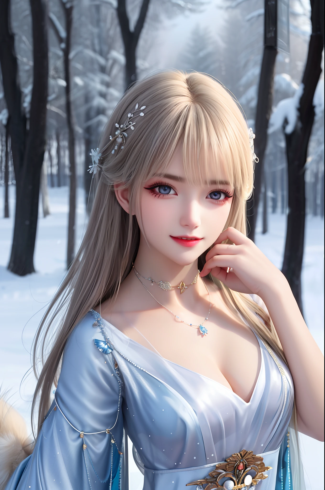 best qualityer，8K， tmasterpiece， A high resolution， 1girll， Clear silk porcelain dress， Fur coat， hair adornments， ssmile， Keep one's mouth shut， cparted lips，Large breasts，Shoulder， shift dresses， hair adornments， choker necklace， jewely， Chinese outfit， long whitr hair， 耳?????? Ring， Detailed beautiful eyes， detailed eyelashes， beautiful  face，after sexing_Body， Tyndall effect，realisticlying， edge lit， twotonelighting，（highdetailskin：1.2）， 8K, Ultra HD， digital SLR camera， gentle illumination， high high quality， Volumetriclighting， Frankness， photore， A high resolution， Bokeh， at a forest， Falling snow， Winters， in the afternoon