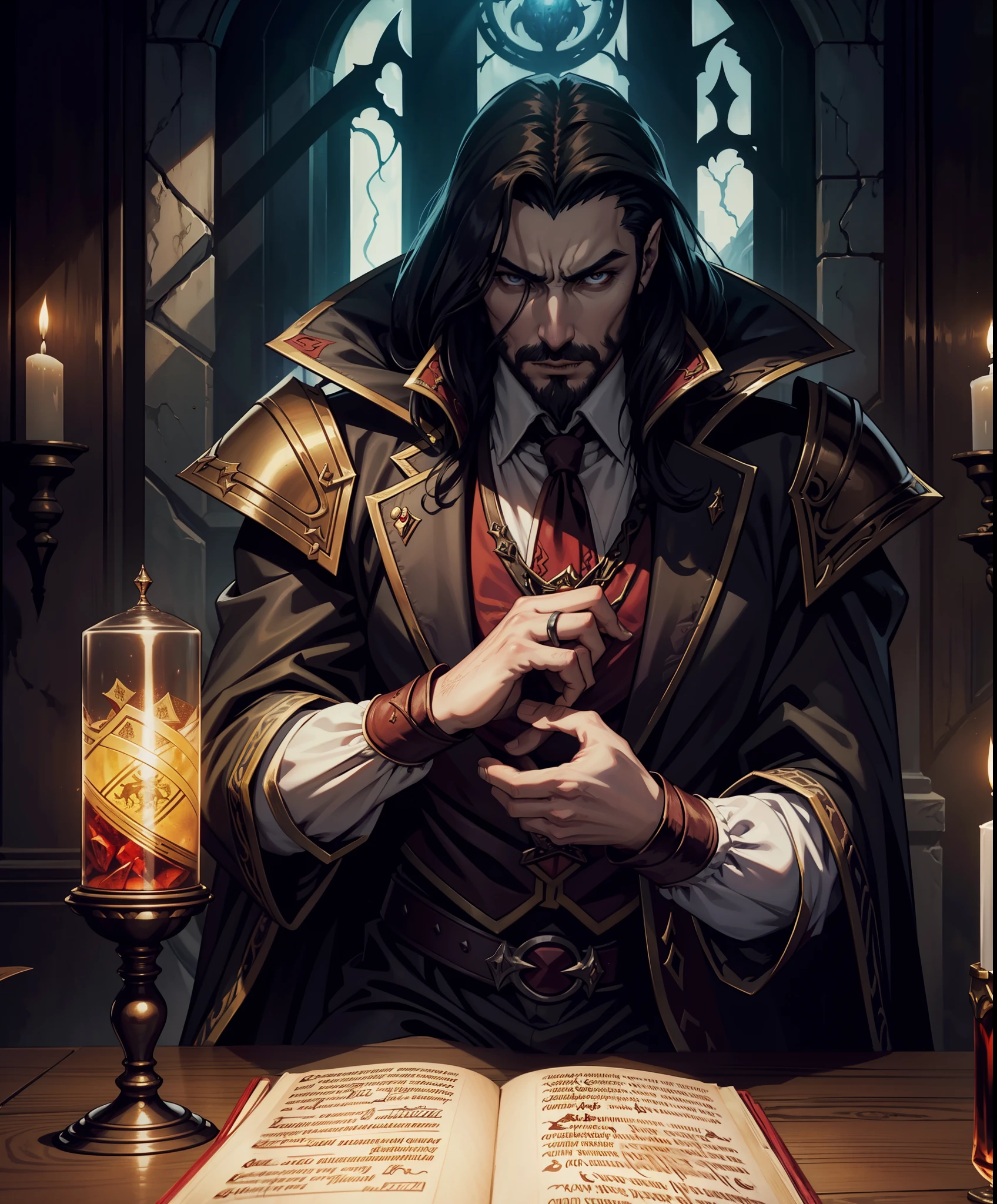 Castlevania Shadow Lord hyper realistic super detailed Dynamic shot centerpiece of Lord Dracula discussing ancient manuscripts with hyper realistic scholarly demons great scenes