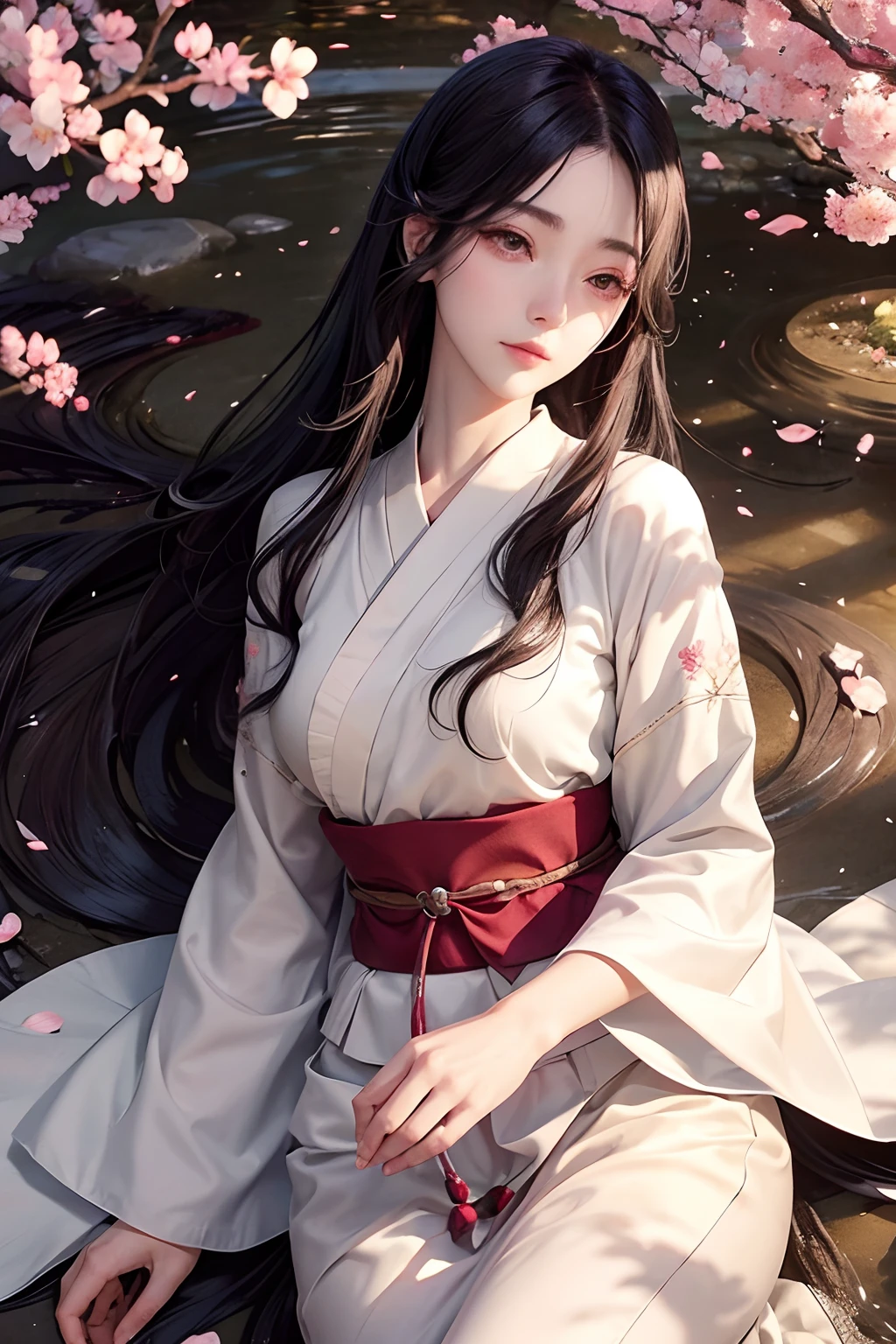 Beautiful detailed eyes, long eyelashes, flowing black hair, delicate features, soft skin, traditional Japanese garden, vibrant cherry blossoms, subtle sunlight filtering through the trees, peaceful atmosphere. [Traditional Japanese garden] [Cherry blossom] [Soft sunlight] [Peaceful atmosphere]