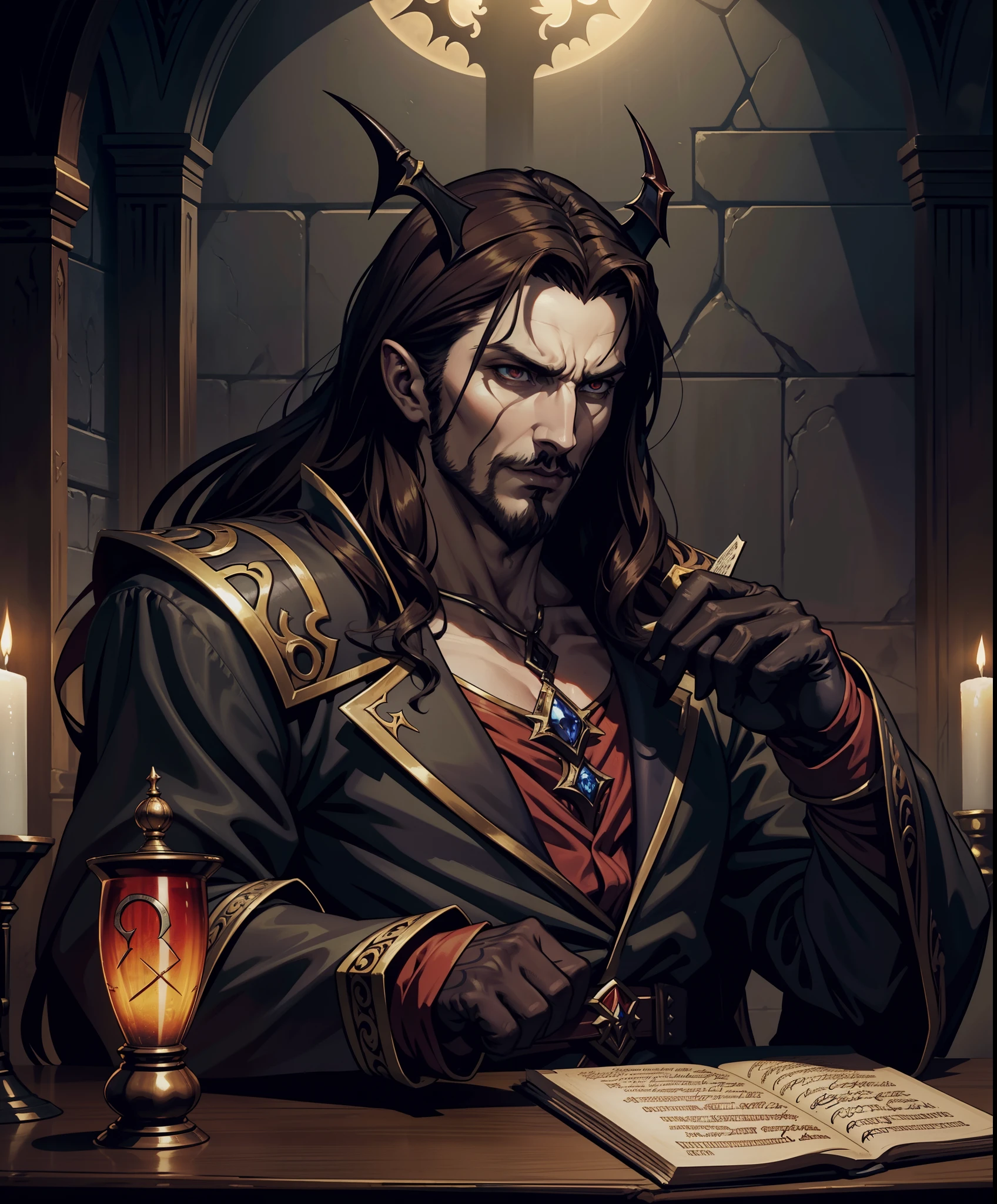 Castlevania Shadow Lord hyper realistic super detailed Dynamic shot centerpiece of Lord Dracula discussing ancient manuscripts with hyper realistic scholarly demons great scenes