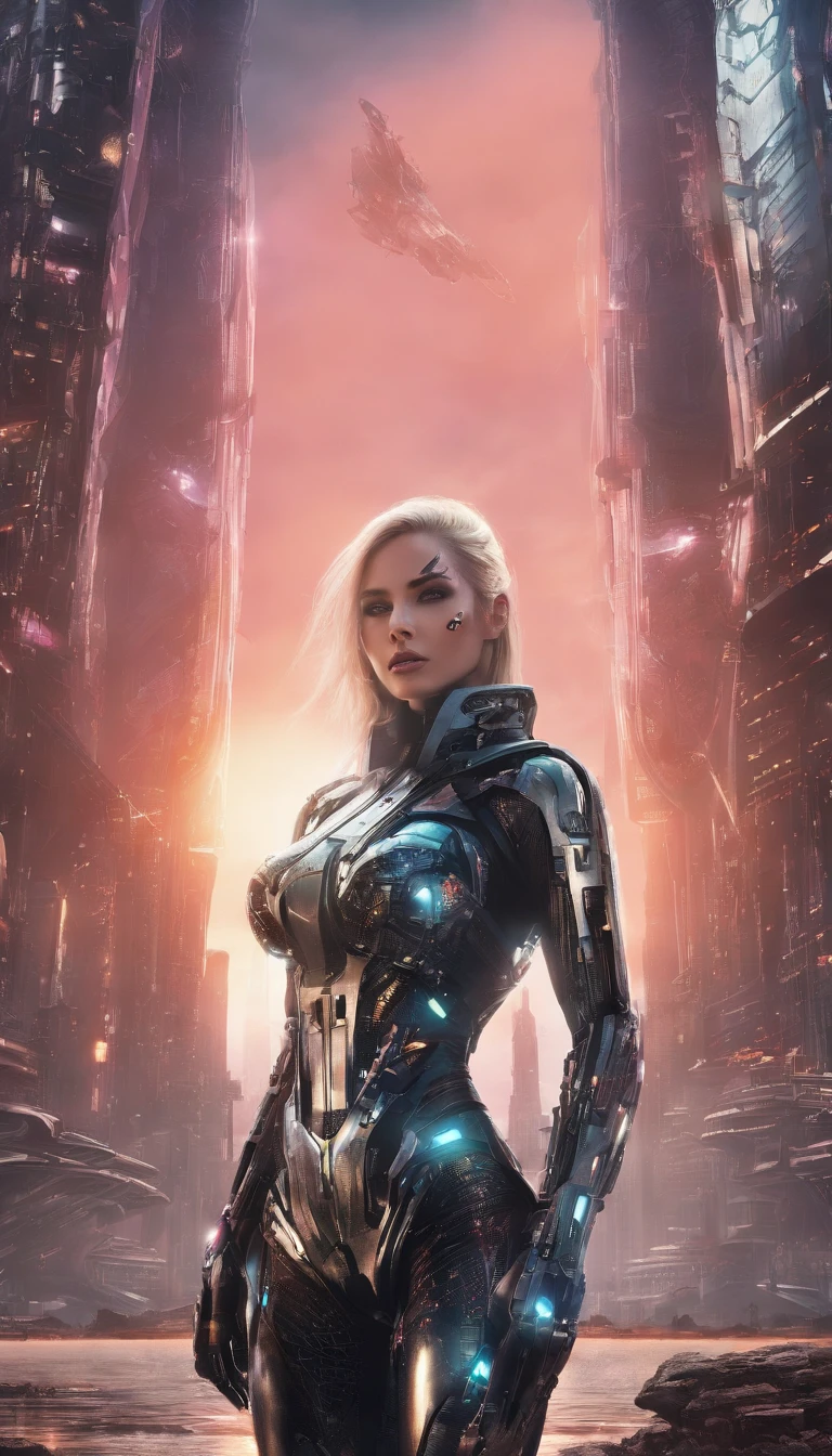 Medium shot of sexy female cyborg wearing scratched and tarnished futuristic armor in destroyed futuristic city, fantasy, Sci-fi, beautiful feminine face, Seductive, Sexual, Mist, Vivid and seductive eyes, Dramatic, Best quality masterpiece, Photorealistic, Detailed, 8K, hdr, Shallow depth of field, Cinematic lighting, full bloom, glittery, color difference, Sharp focus