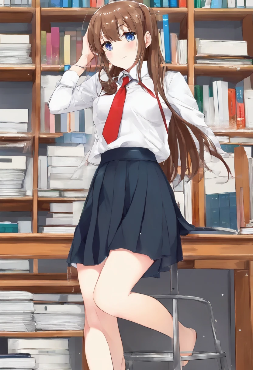 school outfit, white shirt, necktie, sitting in a classroom, peeing self, wet panties, wet skirt, pee puddle, embarrassed, seated at desk, school desk, pee stream, having an accident, pee stain, pee stained skirt, wet spot