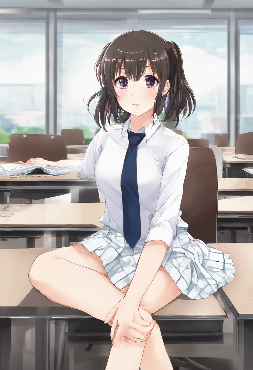 school outfit, white shirt, necktie, sitting in a classroom, peeing self, wet panties, wet skirt, pee puddle, embarrassed, seated at desk, school desk, pee stream, having an accident, pee stain, pee stained skirt, wet spot