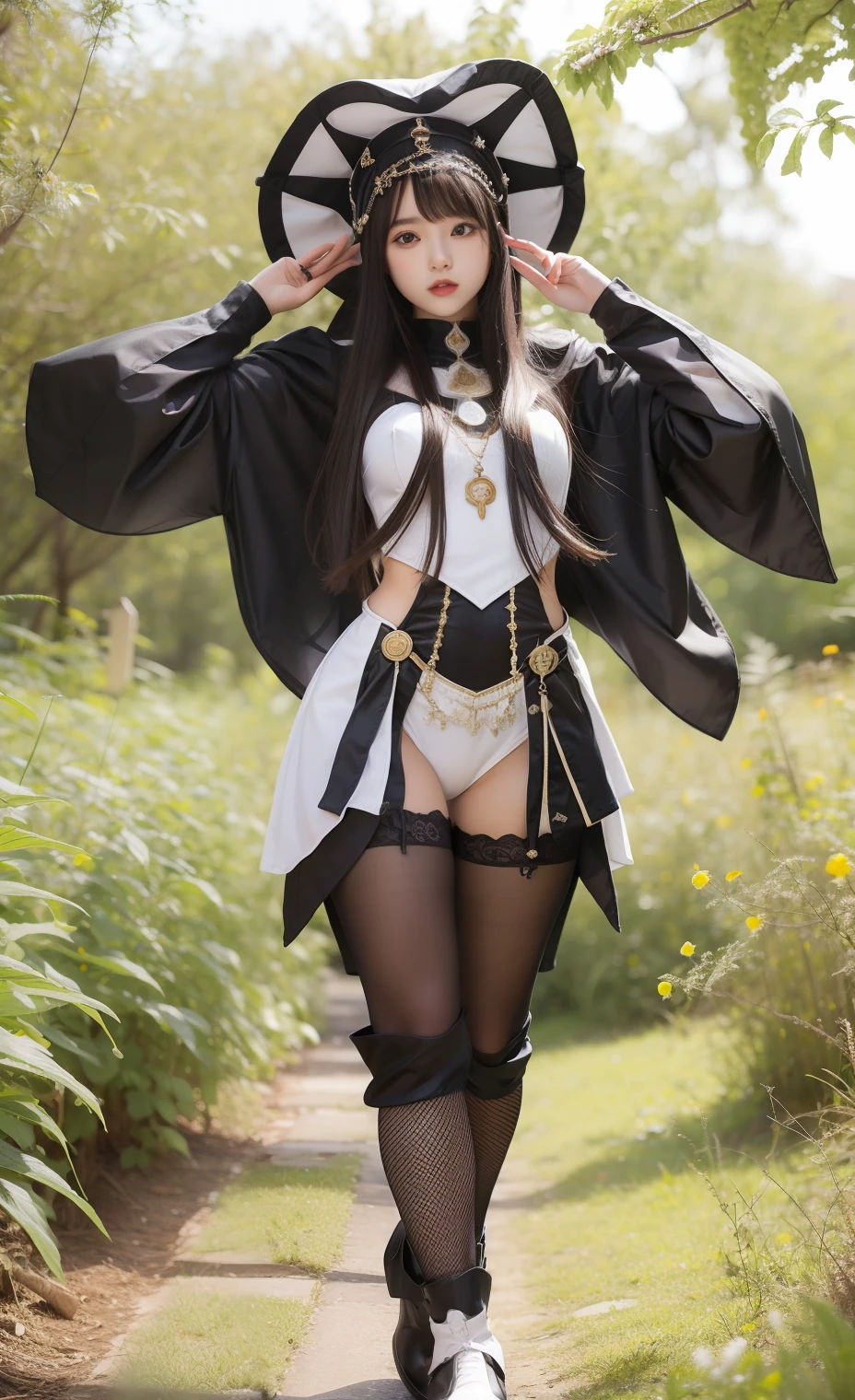 Young woman in white mini priestess suit、Head dress、Long body、puff sleeves、fishnet tights