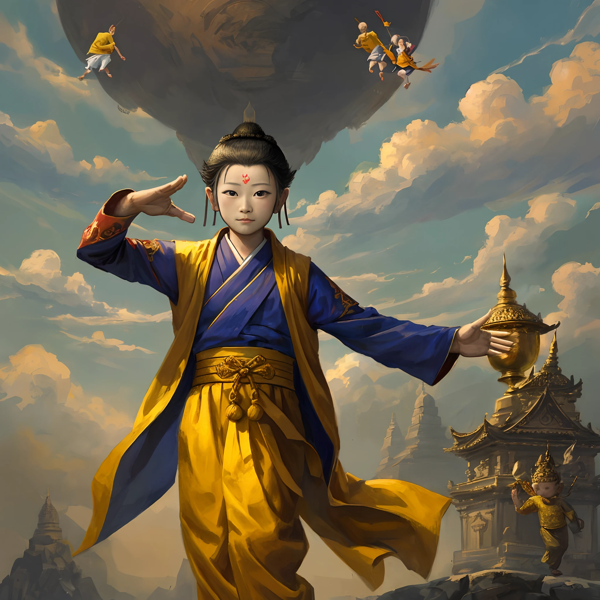little monks，age 5，8k wallpaper，身披袈裟，Holding a Buddhist salute，Round face with hands folded