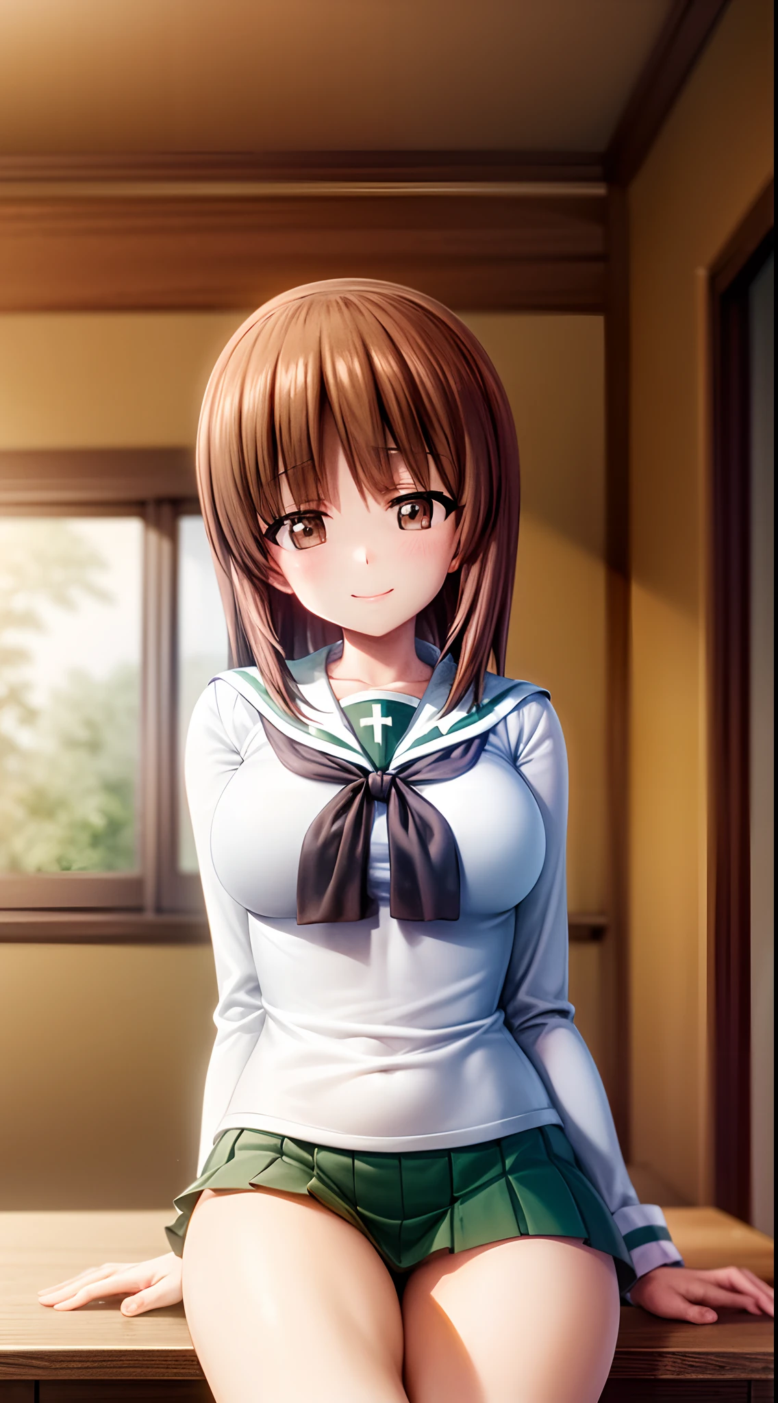 masterpiece, best quality,girls und panzer,nishizumi miho, ooarai school uniform,white shirt,black neckerchief, classroom, sitting, cowboy shot, (high-resolution:1.2),enchanting gaze, captivating pose,ethereal beauty,((best quality)), ((masterpiece)), (detailed), otherworldly charm,sexy, seductive smile, shinjichair,sitting,head down