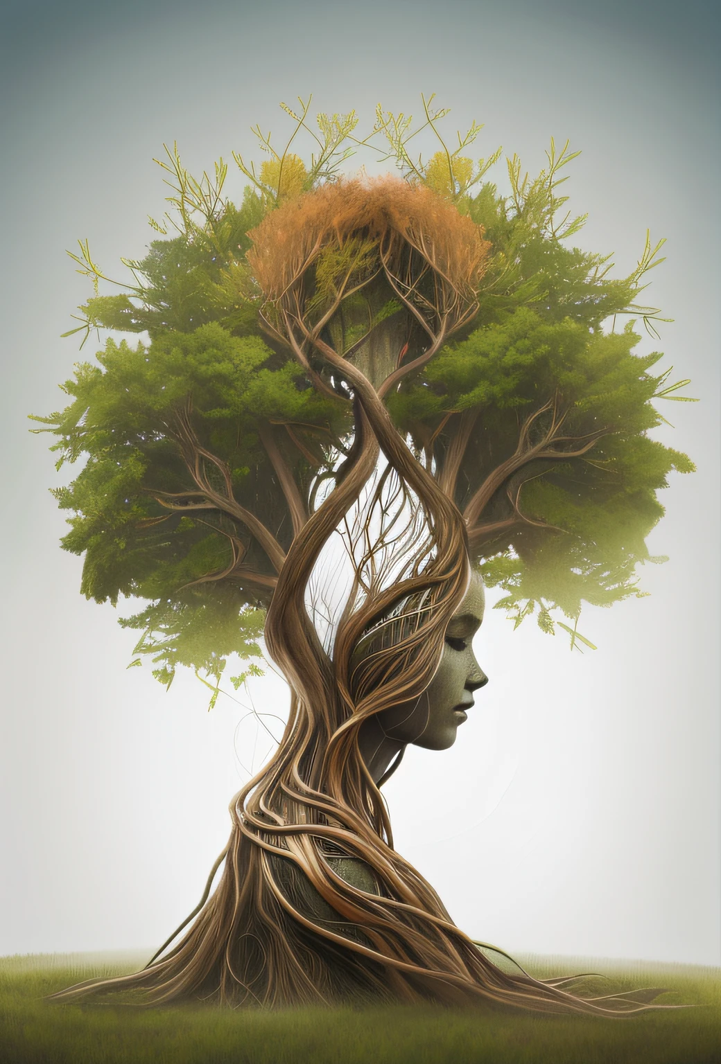 Nature, hyper detailed gouache painting of esthetic roots, branches and foliage, solo:1.5, realistic natural skin, professional retouch, beautiful highly symmetric, misterious ambience, in RootsBranchesAI style, ZaUm, elysiumChar, 1girl, background with roots and branches