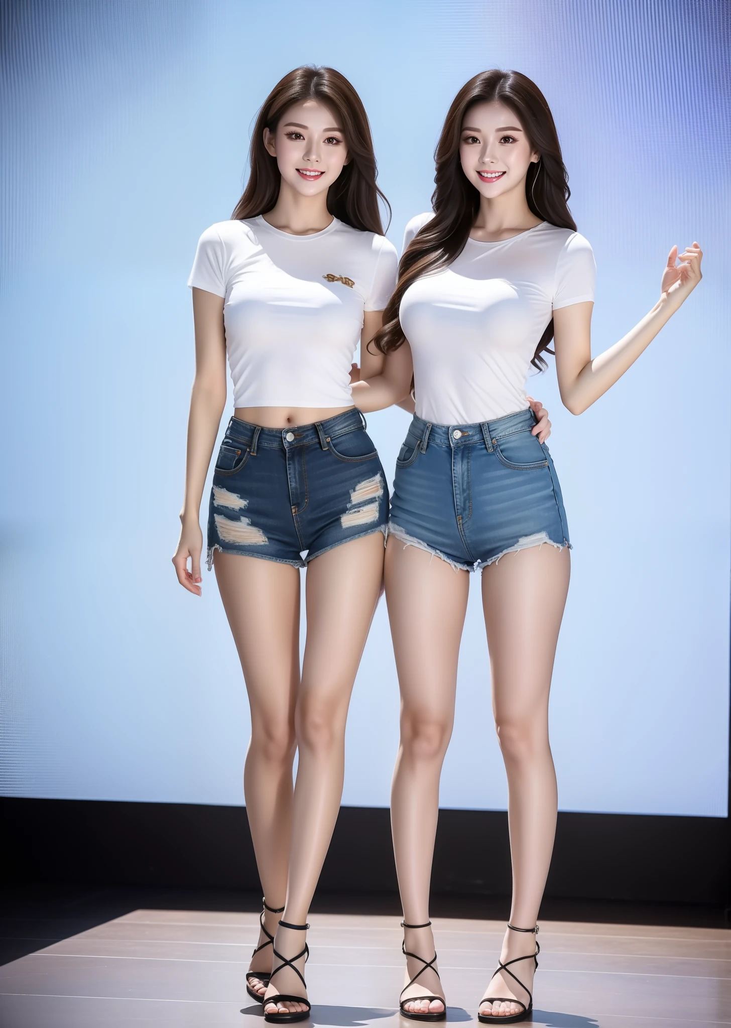 2 beautiful young women,One wears denim shorts to the base of the thighs,A pair of small sandals on the feet,The top is a white short-sleeved T-shirt,The other wears a white miniskirt,The top is a blue short-sleeved crewneck T-shirt,A pair of high-heeled sandals of about 10 cm under your feet,perfect bodies,Anterior convex and posterior,Dance and play in the KTV private room,detailed outfits,Detailed facial expressions,fully body photo