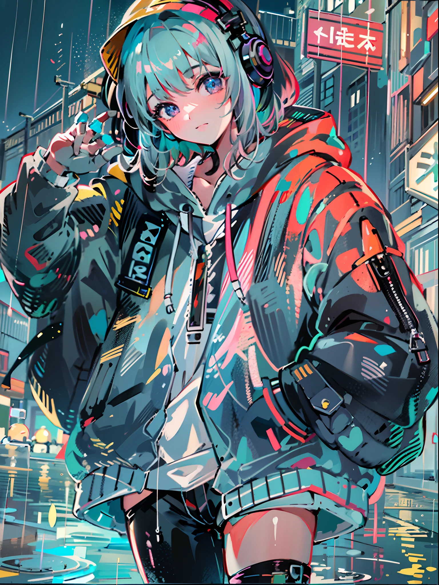 8K分辨率、((top-quality))、((​masterpiece))、((ultra-detailliert))、1 woman、独奏、incredibly absurdness、Oversized hoodies、headphones、Street、plein air、Rain at night、neons、Shortcut Hair、Brightly colored eyes、Hands in pockets、shortpants、water dripping