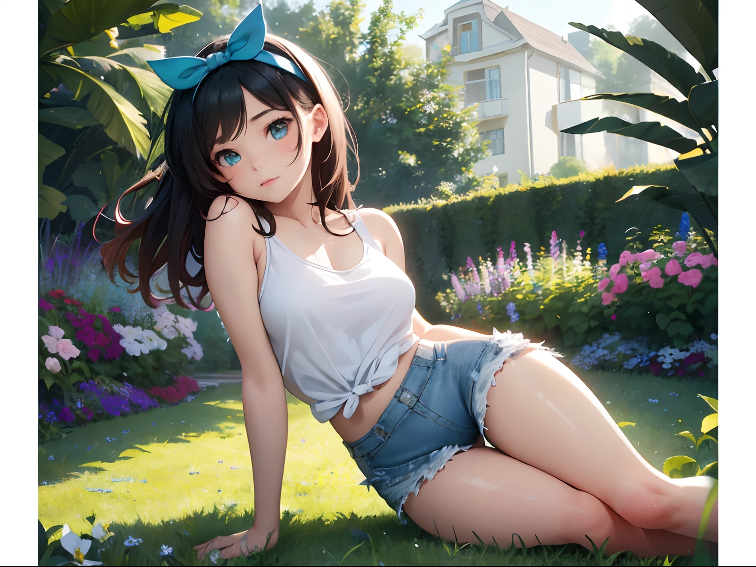 realistic, masterpiece, ray tracing, black hair, bikini, tight clothing, sleeveless, no teeth, smile, small breasts, red lipstick, blue eyes, wide hips, thick thighs, legs, boots, pretty face, on top of hill, grass, flowers, trees, sakura, bent over, showing ass, ass up, showing butt, bend over, watching sunset, stars, night sky, moon, clouds