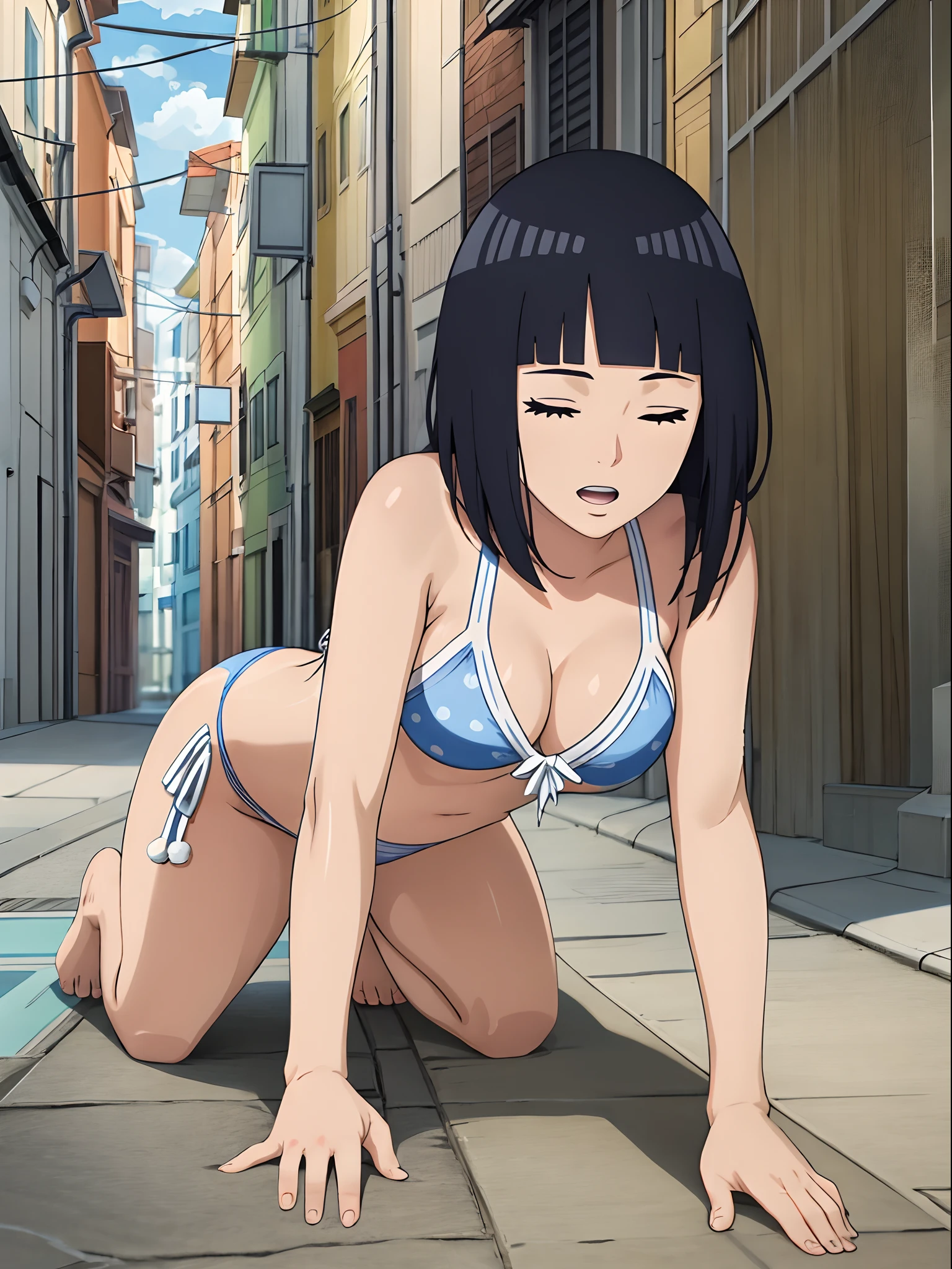 (WALLPAPER,  (hinata\(boruto\), (((white string bikini))), masterpiece, 4k, vector coloring, fully body view, scene of knocked out girl on street, (high color saturation), contrast lighting, mature female, (curvy:0.8), solo, anime style, sharp focus, professional artwork, intricate details, colorful, vibrant colors, vivid colors, digital blending, ultra detailed body, ultra detail hair, ultra detail face, trending on pixiv, very hot colors, (((street, outdoors))), detailed bold arm lines, high color saturation, bold lines, bold drawing lines),
((knocked out, passed out, laying down on street)), (head tilt), open mouth, closed eyes),
((dark blue hair color:1.1), wavy hair, ((short hair, hime cut)),
(white skin, (fair skin), slender body, milf, perfect face),
(legs, big breasts, off-shoulders, (detailed shoulders, detailed arm lines)), 
(bare shoulders, bare legs, stetching),