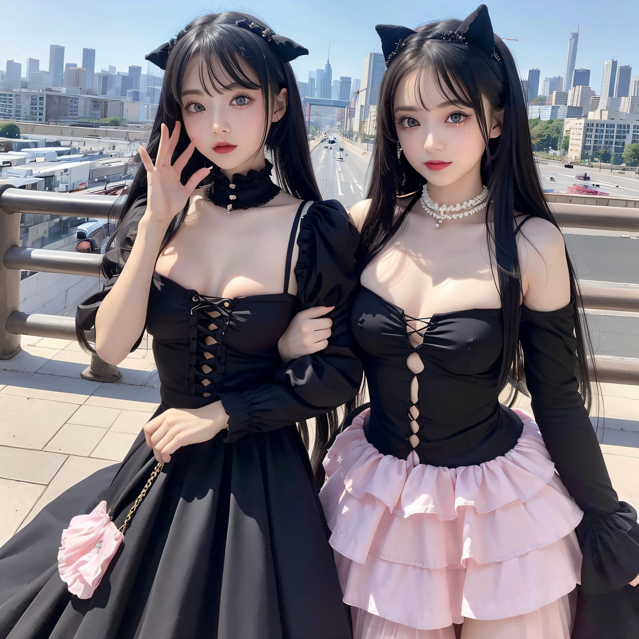 a baby face, One girl, (Very small breasts:1.3), Longhaire, Gradient Hair Pearl Pink, the whole, japanes, Twin-tailed, An ultra-high picture quality, ultra-quality,Raking hair with your fingers, Happy smile, Beautiful city view, (Goth loli dress:1.3), Live-action adaptation, in 8K, Double eyelids, Big eyes