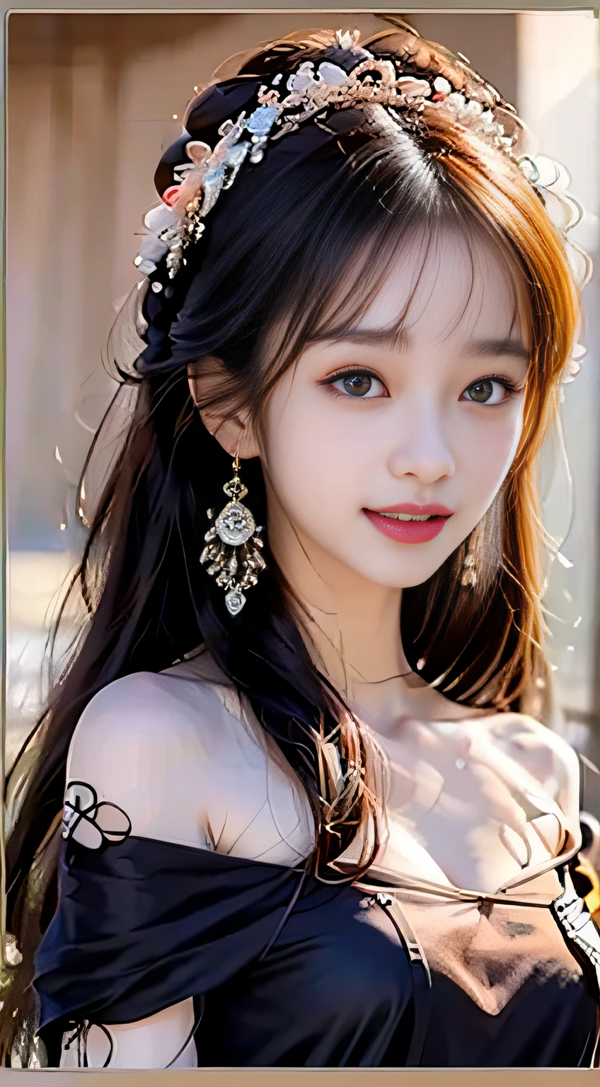 (ultra-realistic realism)、(illustratio)、(A high resolution)、(8K)、(The is very detailed)、(Best Illustration)、(Beautifully detailed eyes)、(top-quality)、(ultra - detailed)、(tmasterpiece)、(the wallpaper)、(A detailed face)、独奏、1 girl in、looking at viewert、finedetail、A detailed face、in the darkness nigth、deep shading、low tune、pureerosfaceace_V1、A smile、Long、Black shawl straight hair、46-point diagonal bangs, (Silk dress、long skirt)(cropped shoulders