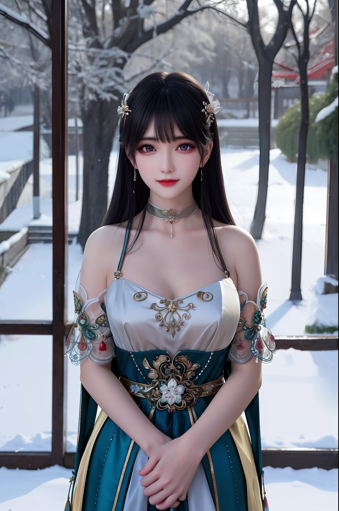 best qualityer,8K, tmasterpiece, A high resolution, 1girll, Clear silk porcelain dress, Fur coat, hair adornments, ssmile, Keep one's mouth shut, cparted lips,Large breasts,Shoulder, shift dresses, hair adornments, choker necklace, jewely, Chinese outfit, long whitr hair, 耳Nipple Ring, Detailed beautiful eyes, detailed eyelashes, beautiful face,after sexing_Body, Tyndall effect,realisticlying, edge lit, twotonelighting,(highdetailskin:1.2), 8K, Ultra HD, digital SLR camera, gentle illumination, high high quality, Volumetriclighting, Frankness, photore, A high resolution, Bokeh, at a forest, Falling snow, Winters, in the afternoon