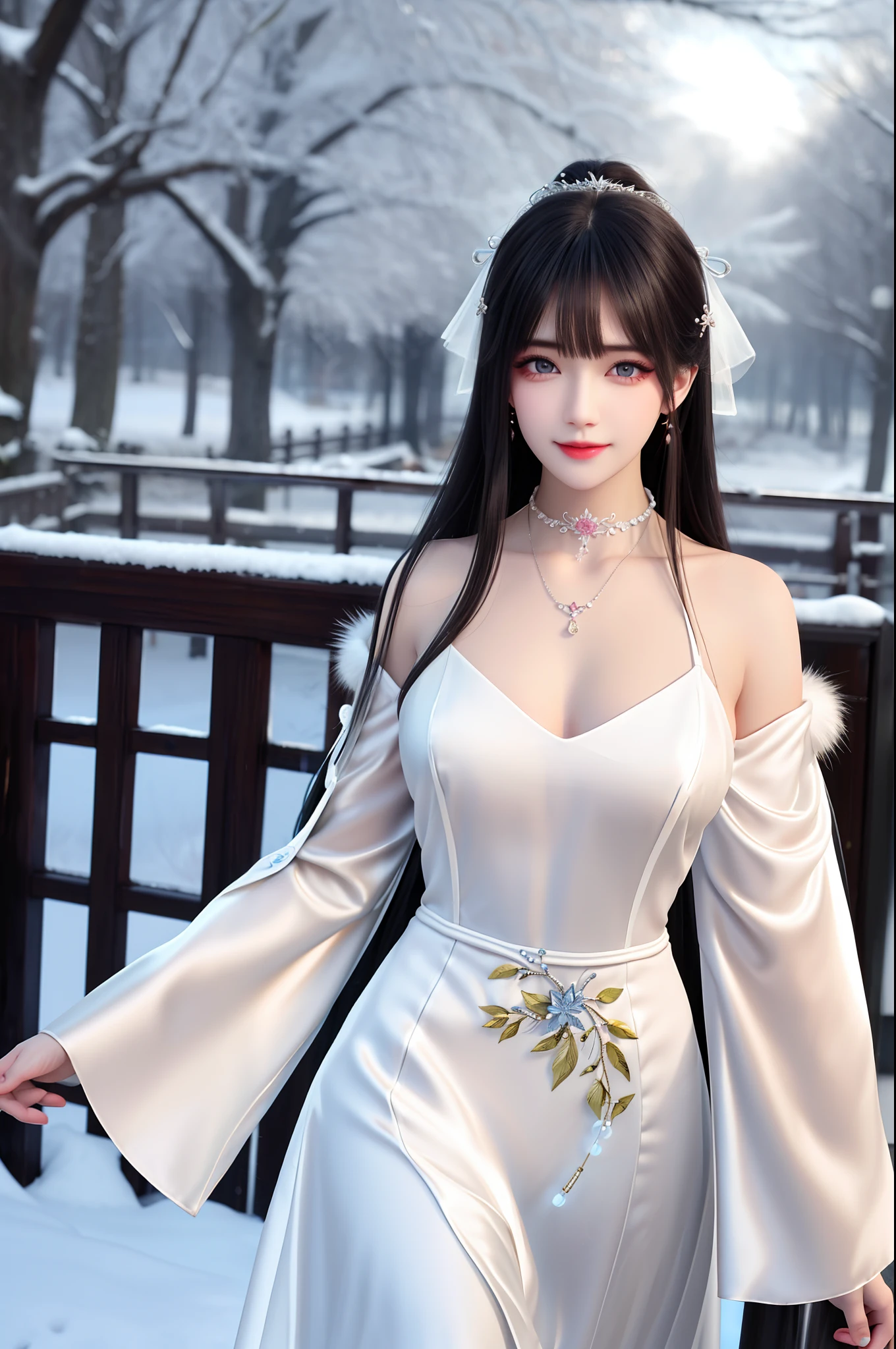 best qualityer,8K, tmasterpiece, A high resolution, 1girll, Clear silk porcelain dress, Fur coat, hair adornments, ssmile, Keep one's mouth shut, cparted lips,Large breasts,Shoulder, shift dresses, hair adornments, choker necklace, jewely, Chinese outfit, long whitr hair, 耳Nipple Ring, Detailed beautiful eyes, detailed eyelashes, beautiful face,after sexing_Body, Tyndall effect,realisticlying, edge lit, twotonelighting,(highdetailskin:1.2), 8K, Ultra HD, digital SLR camera, gentle illumination, high high quality, Volumetriclighting, Frankness, photore, A high resolution, Bokeh, at a forest, Falling snow, Winters, in the afternoon