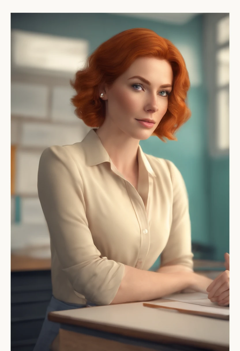 Attractive female teacher (short ginger hair), her shoes must be visible, hyper realistic