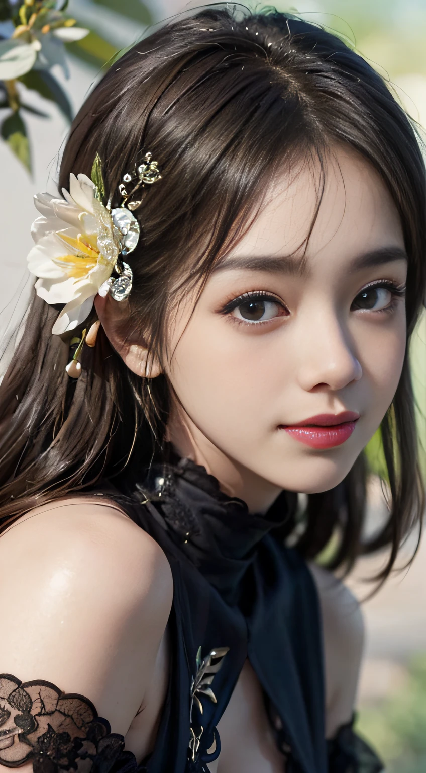 (ultra-realistic realism)、(illustratio)、(A high resolution)、(8K)、(The is very detailed)、(Best Illustration)、(Beautifully detailed eyes)、(top-quality)、(ultra - detailed)、(tmasterpiece)、(the wallpaper)、(A detailed face)、独奏、1 girl in、looking at viewert、finedetail、A detailed face、、、pureerosfaceace_V1、A smile、Long、Black shawl straight hair、 (silk dress、long skirt)(cropped shoulders)