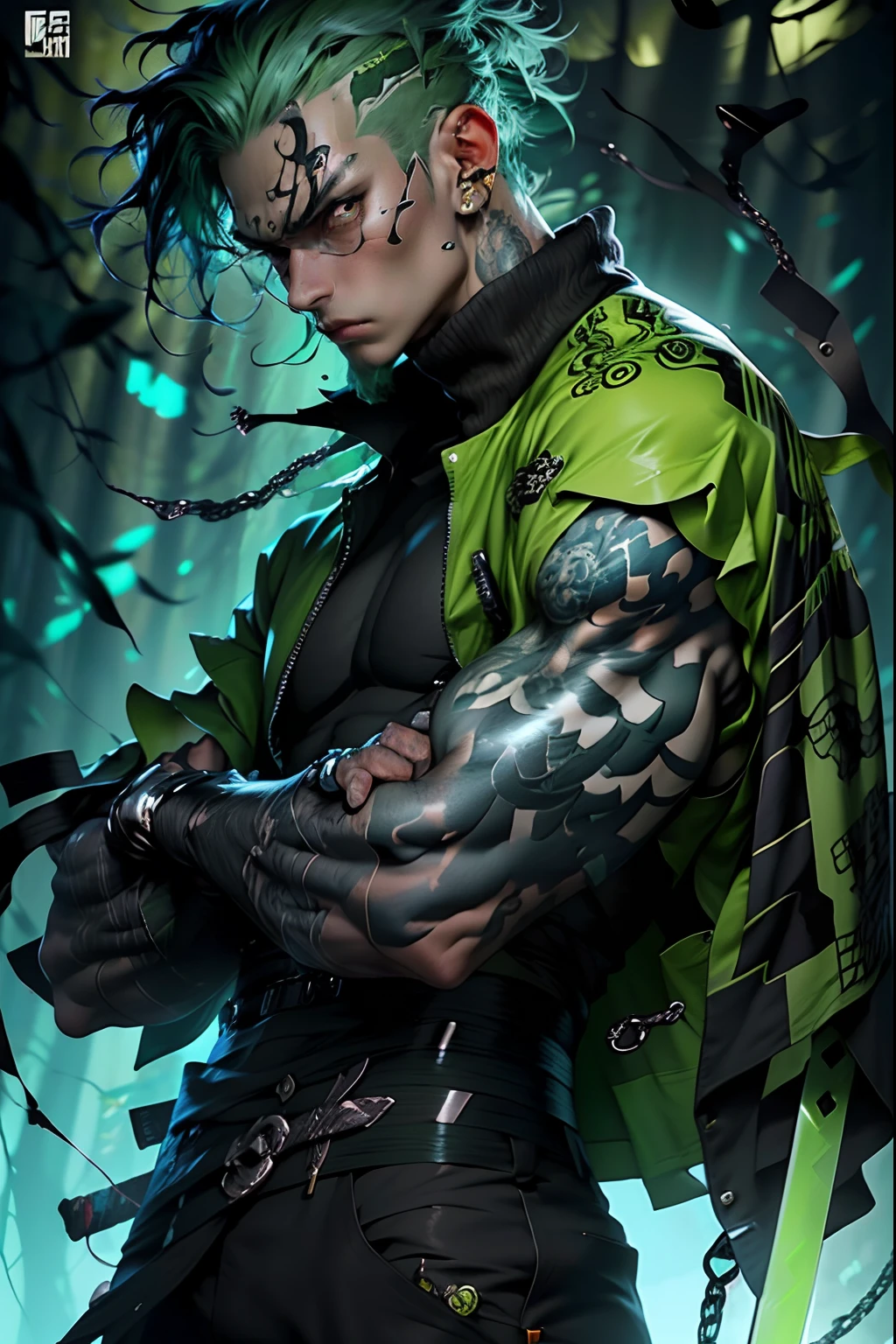 kpop boy wearing sage green futuristic jacket, handsome, charming, zoro vibe with katana, slim body, big sword katana black turtle neck attire, big jacket, serious face, chains, tattoos, cool pose, big eyes, glowing forest background
