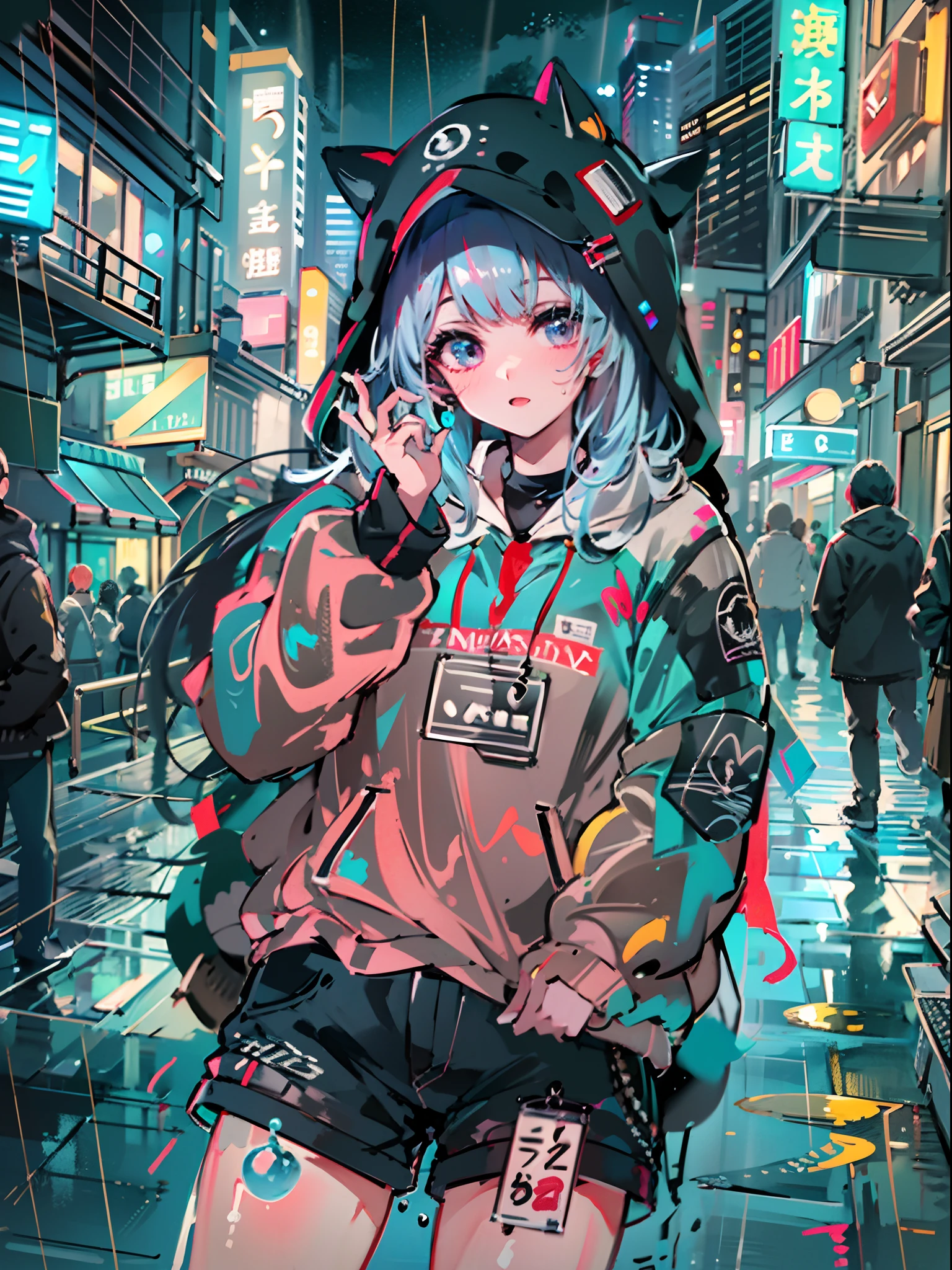 8K分辨率、((top-quality))、((masterpiece))、((ultra-detailliert))、1 woman、独奏、incredibly absurdness、Oversized hoodies、headphones、Street、plein air、Rain at night、neons、Shortcut Hair、Brightly colored eyes、Hands in pockets、shortpants、water dripping