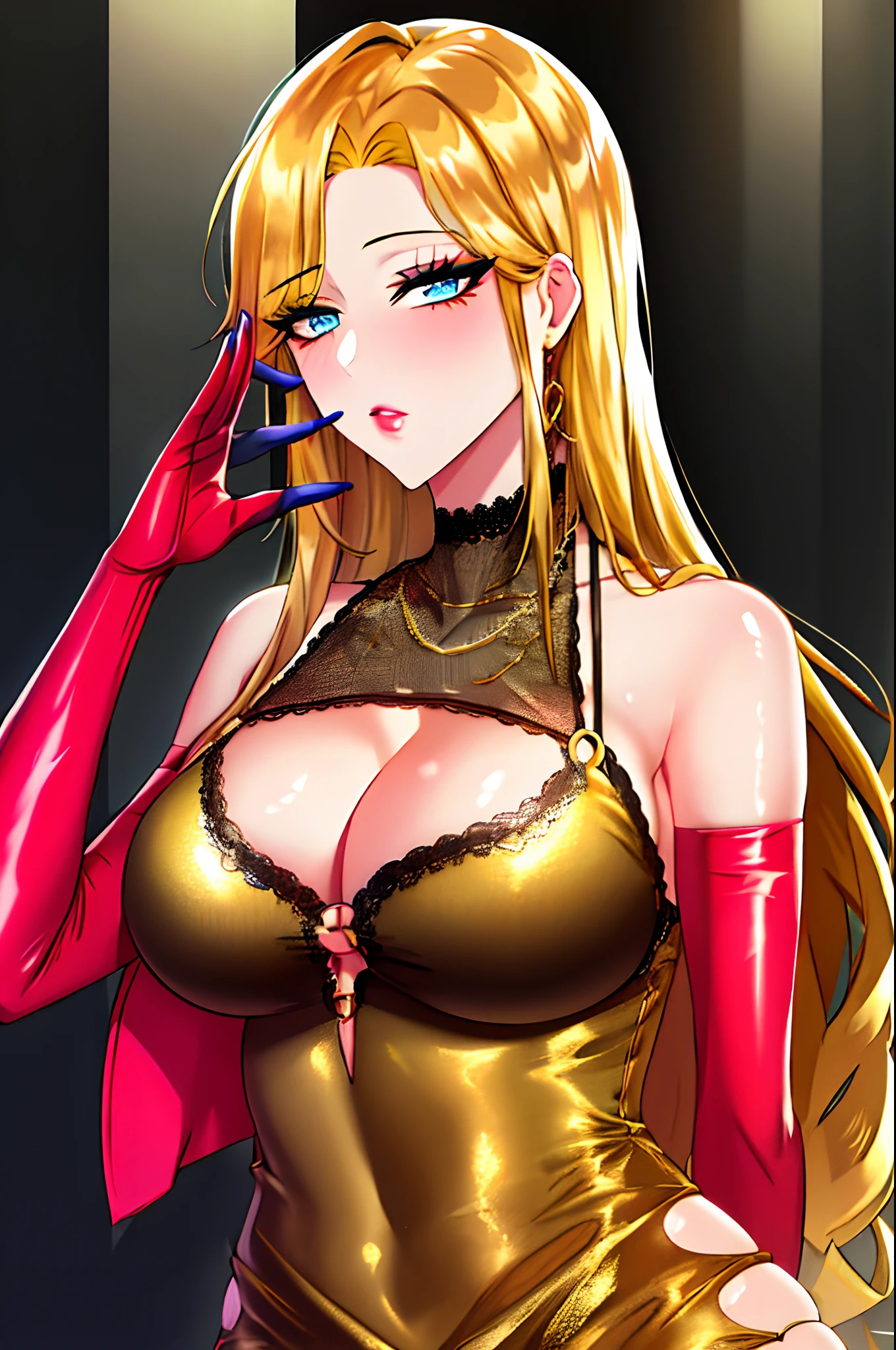 shoujo-style, blue eyes, 1girl, solo, upper body, extreamly long eyelashes, extreamly thick eyeliner, mascara, extreamly deep eyeshadow, bangs, shiny grossy skin, jewel, (golden), (shiny dress), embroidery, elbow gloves, gleaming skin, bodycon, microdress, (cleavage), makeup, o-ring, salute, hand on waist, masterpiece, official, best quality, high resolution, all intricate, night, city, (skyscraper), portrait