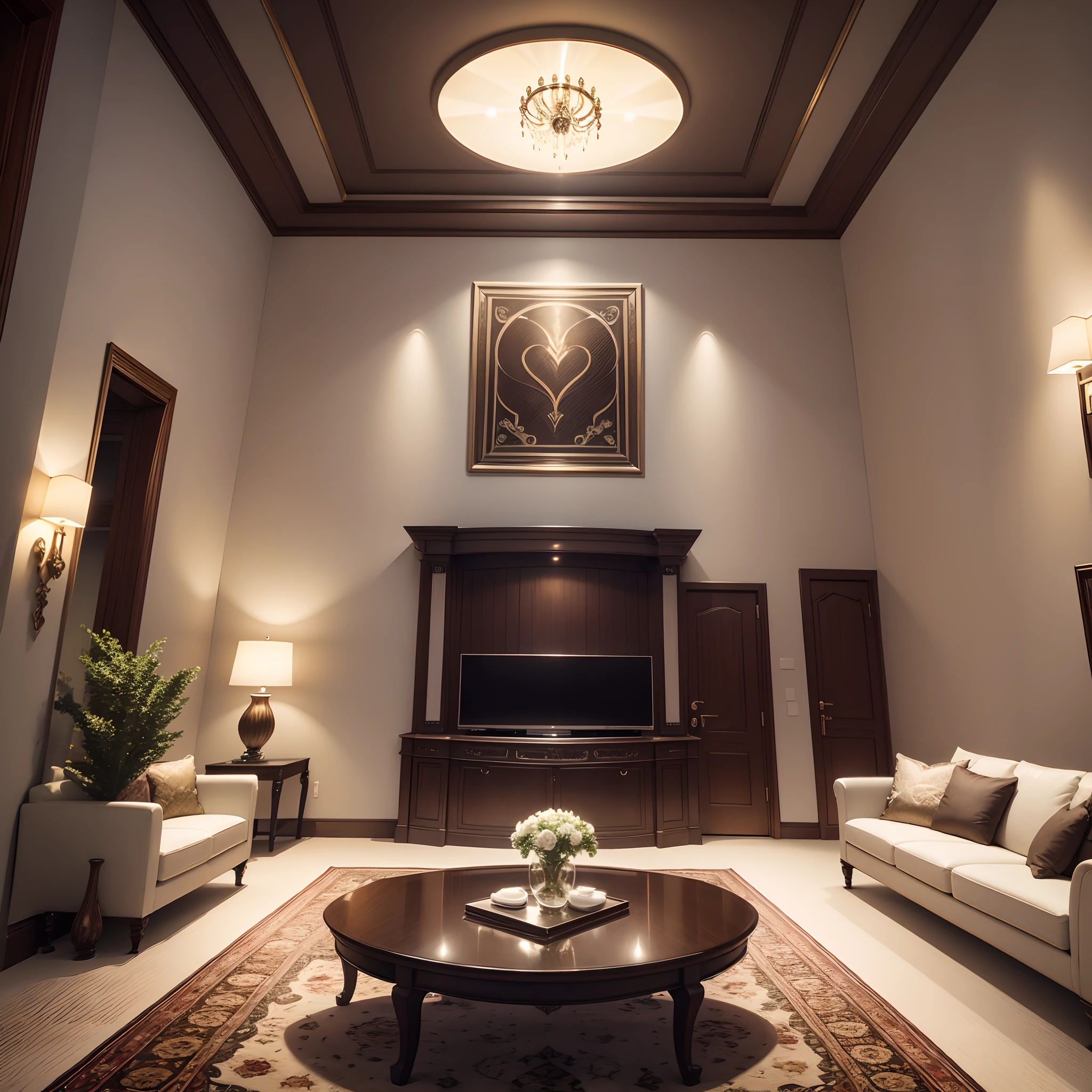 Luxury home surrounded by LED lights, Seats, coffee table, carpet, dinner table, Wide windows, Stylish painting, trinket, DVR, Realistic, UTIL