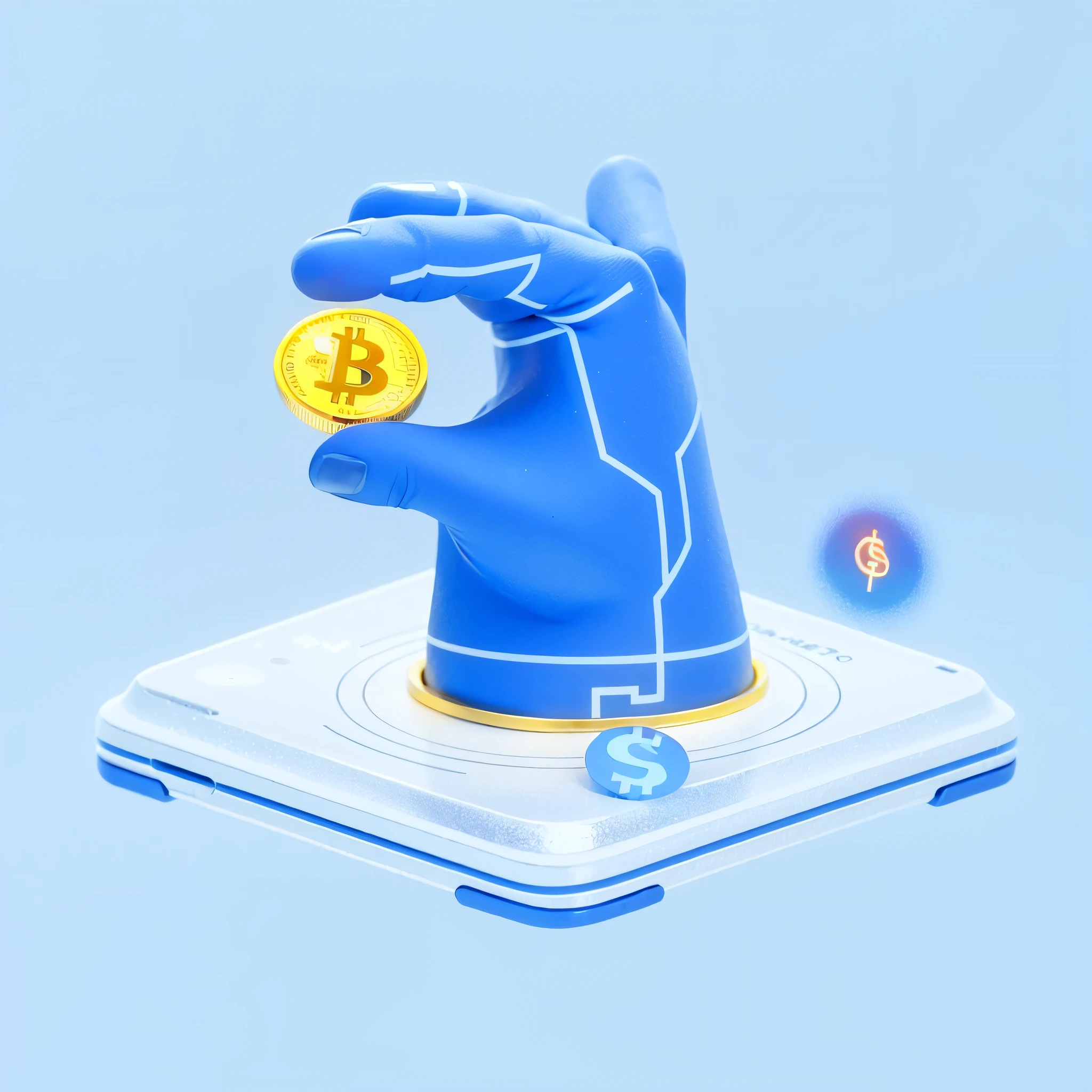 Illustration of a hand holding a coin on a phone, 3 d icon for mobile game, Simple and clean illustration, integrated synthetic android, depicted as a 3 d render, 2 d illustration, 2D illustration, Simple illustration, 2. 5 d illus, Detailed 2D illustration, icon for an ai app, blue backdrop, cryptocurrency in the background